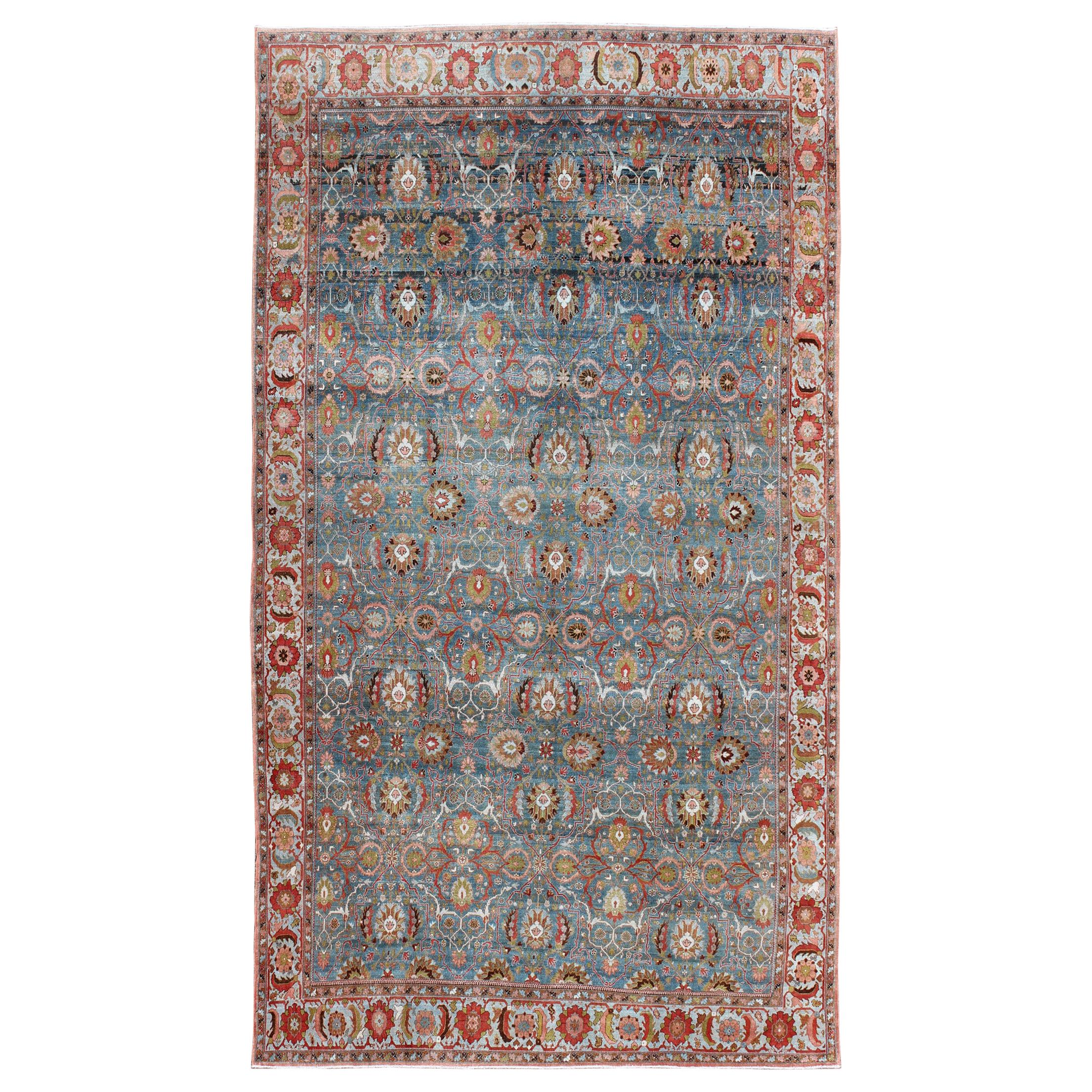 Antique Blue Background Persian Malayer Rug with Colorful Sub-Geometric Design For Sale