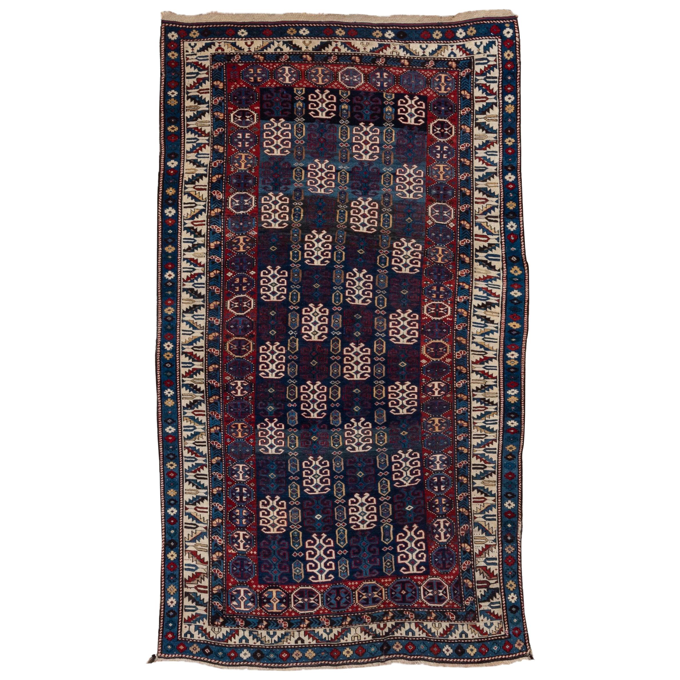 Antique Blue Caucasian Kuba Rug, Allover Field, circa 1900s