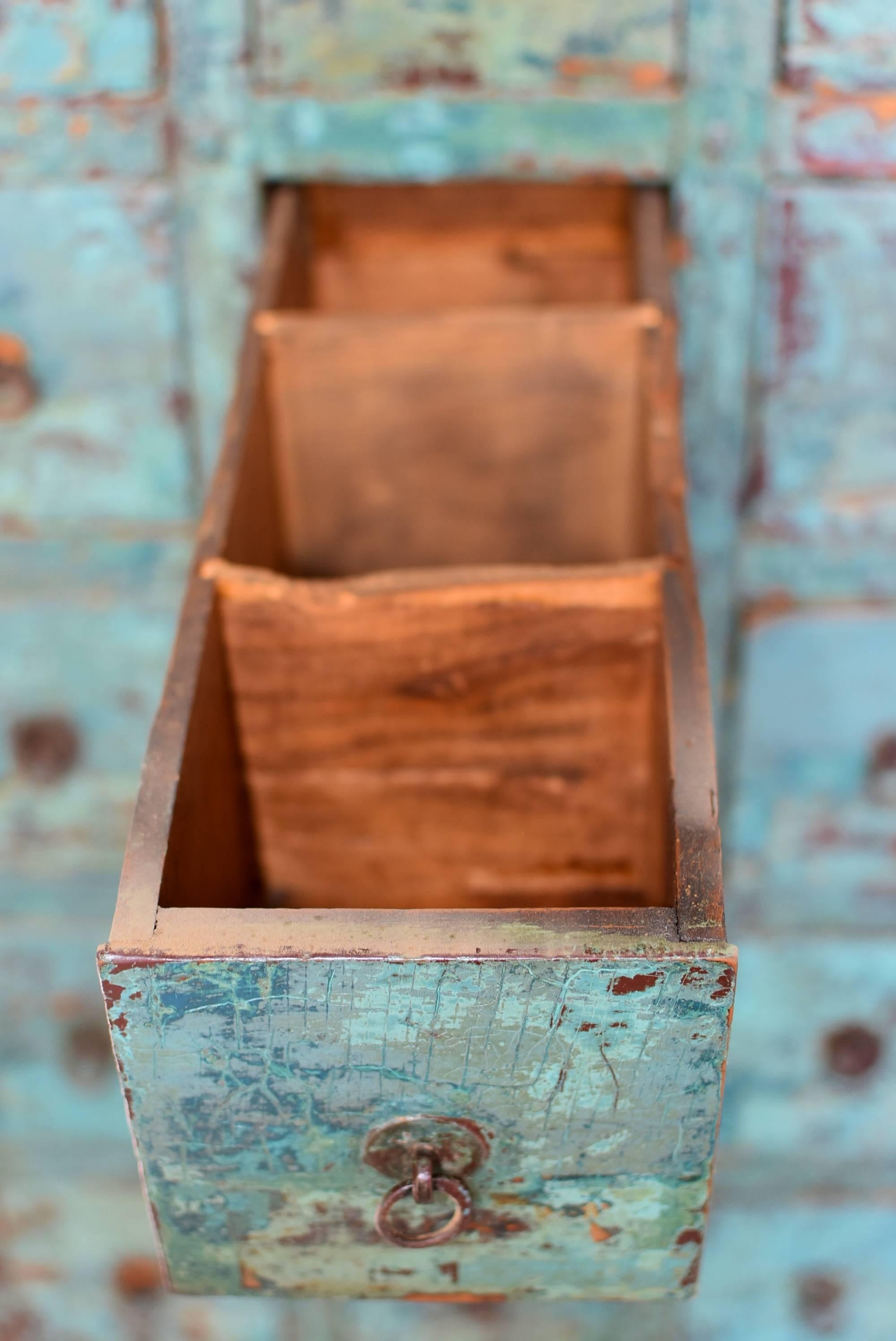 Joinery Antique Blue Chinese Apothecary Cabinet, 68 Drawers, Iron Clad