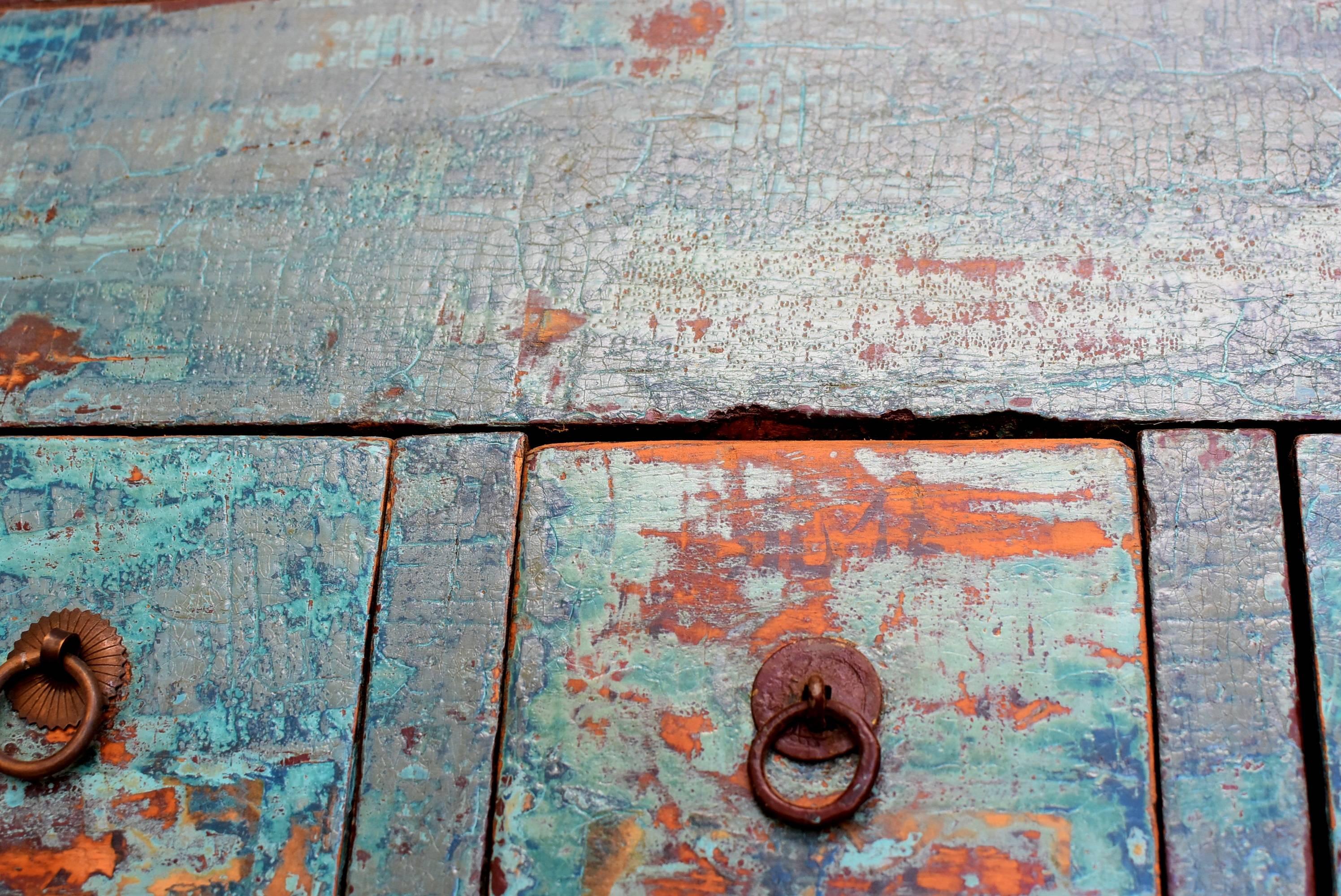 Antique Blue Chinese Apothecary Cabinet, 68 Drawers, Iron Clad In Good Condition In Somis, CA