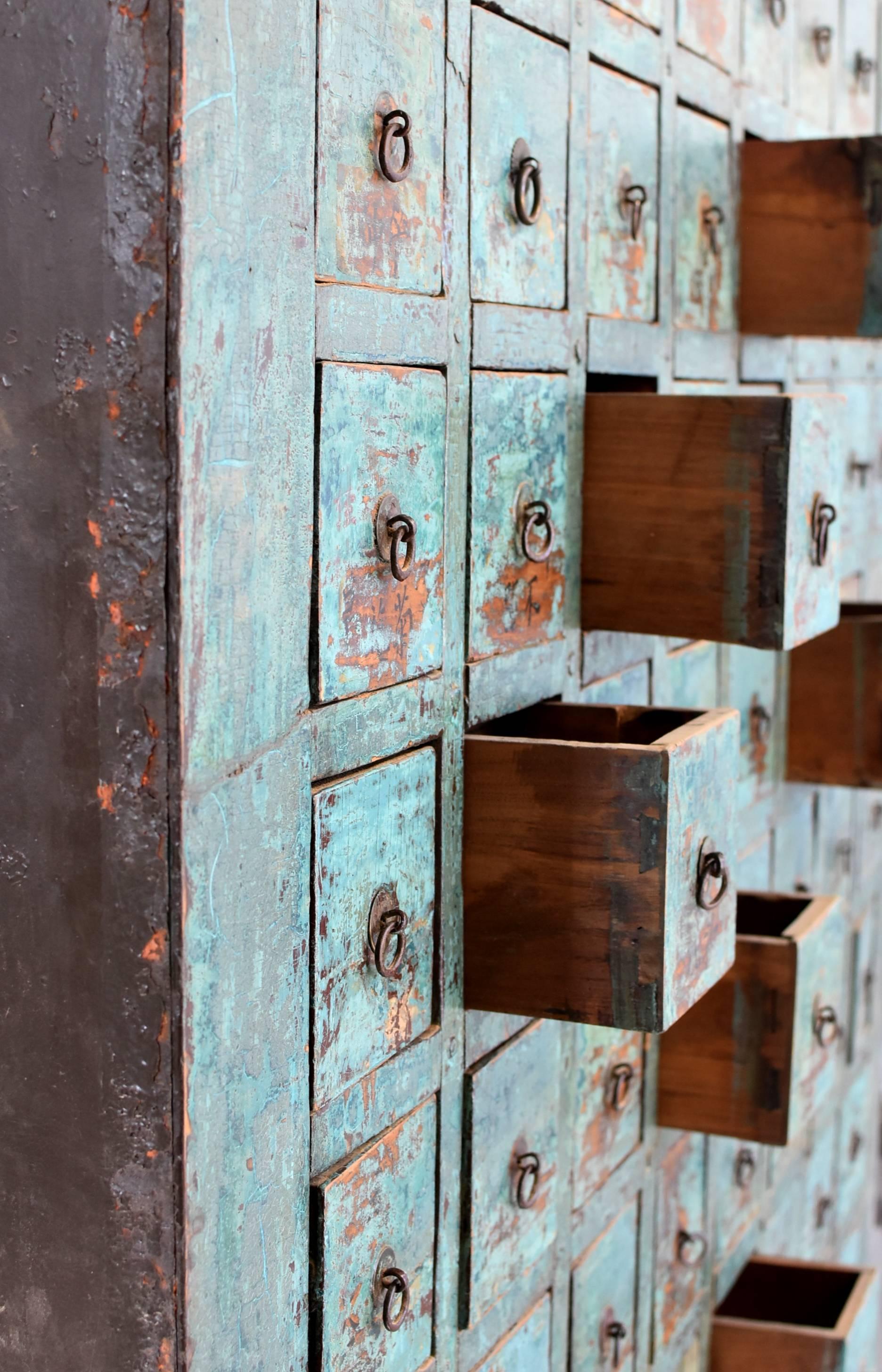 19th Century Antique Blue Chinese Apothecary Cabinet, 68 Drawers, Iron Clad