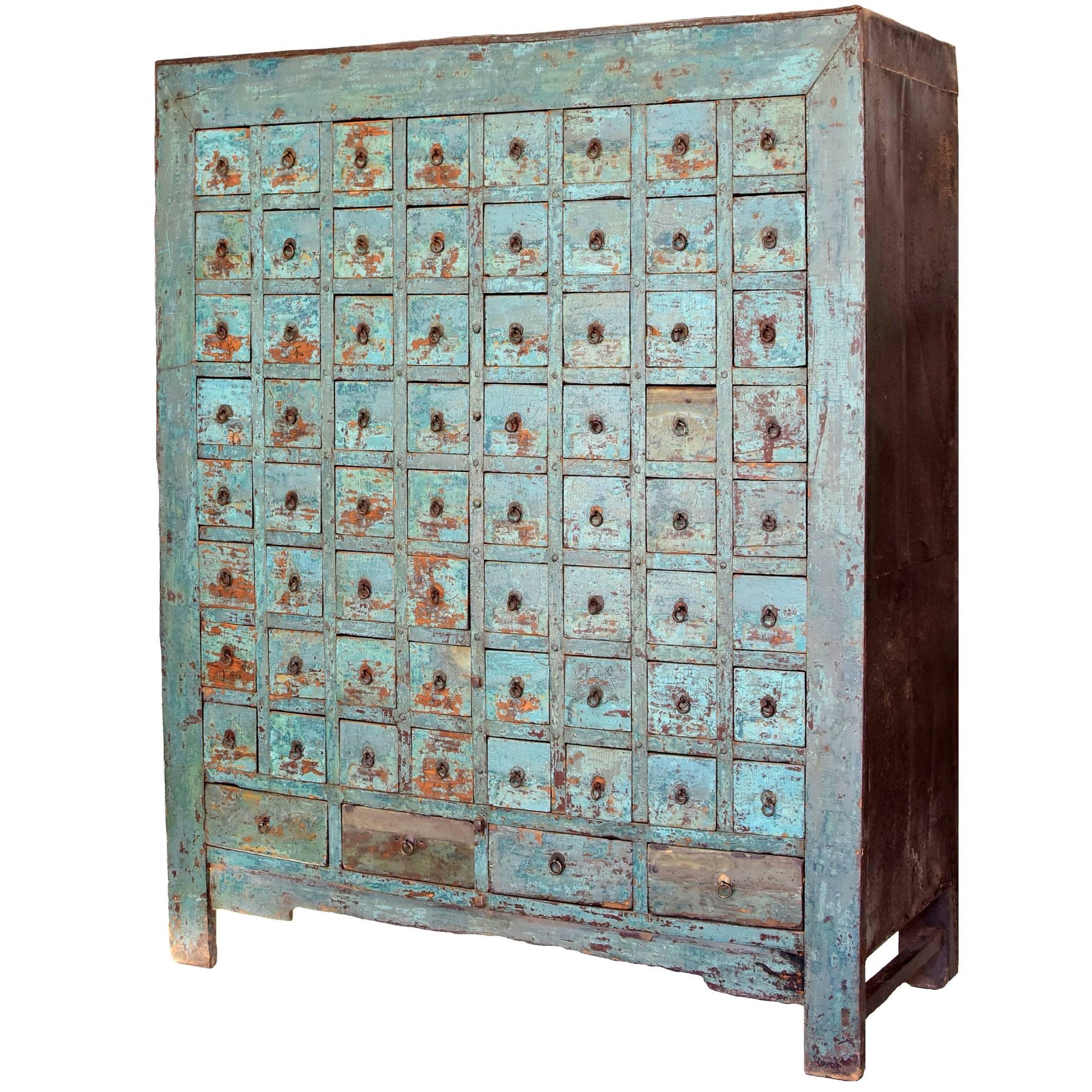 Antique Blue Chinese Apothecary Cabinet, 68 Drawers, Iron Clad