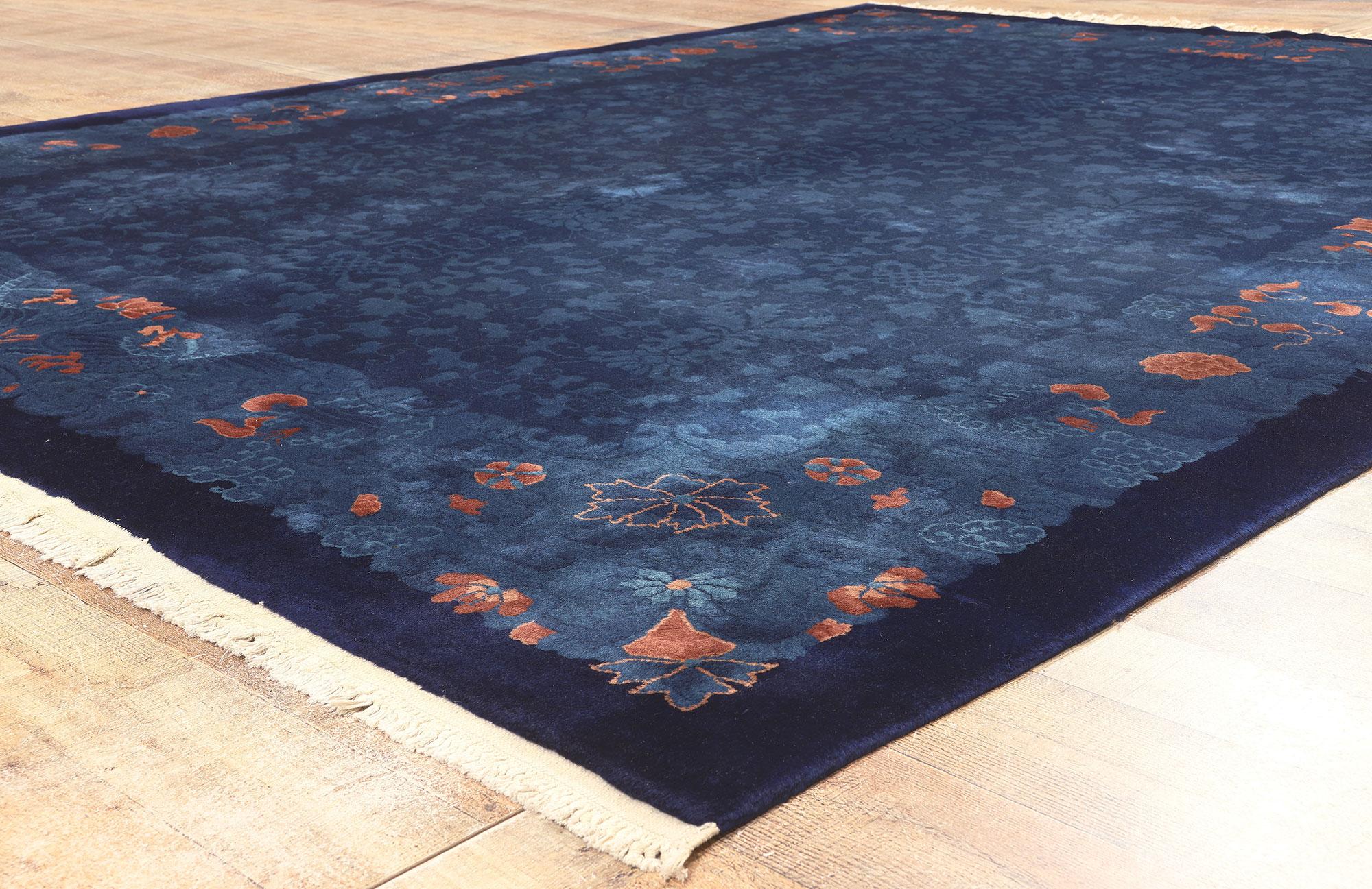 20th Century Antique Blue Chinese Art Deco Rug, Maximalist Style Meets Qing Dynasty For Sale