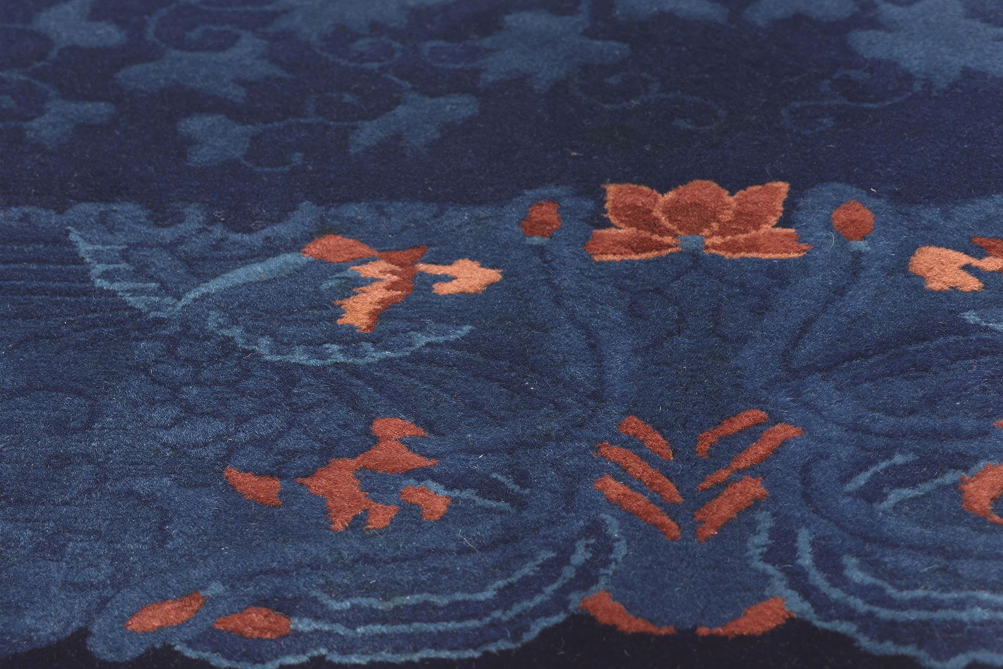 Hand-Knotted Antique Blue Chinese Art Deco Rug, Maximalist Style Meets Qing Dynasty For Sale