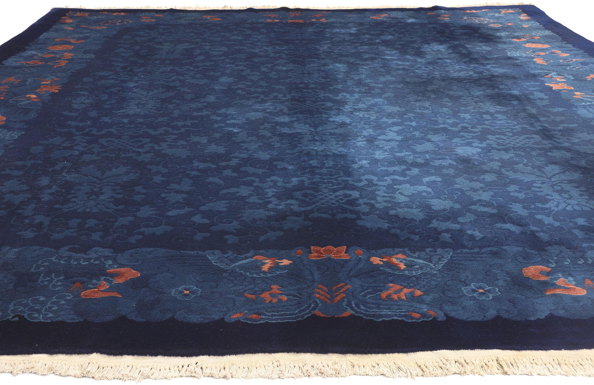 Noué à la main Ancien tapis chinois bleu de style dynastie Qing avec motif indigo, tapis chinois Qing en vente