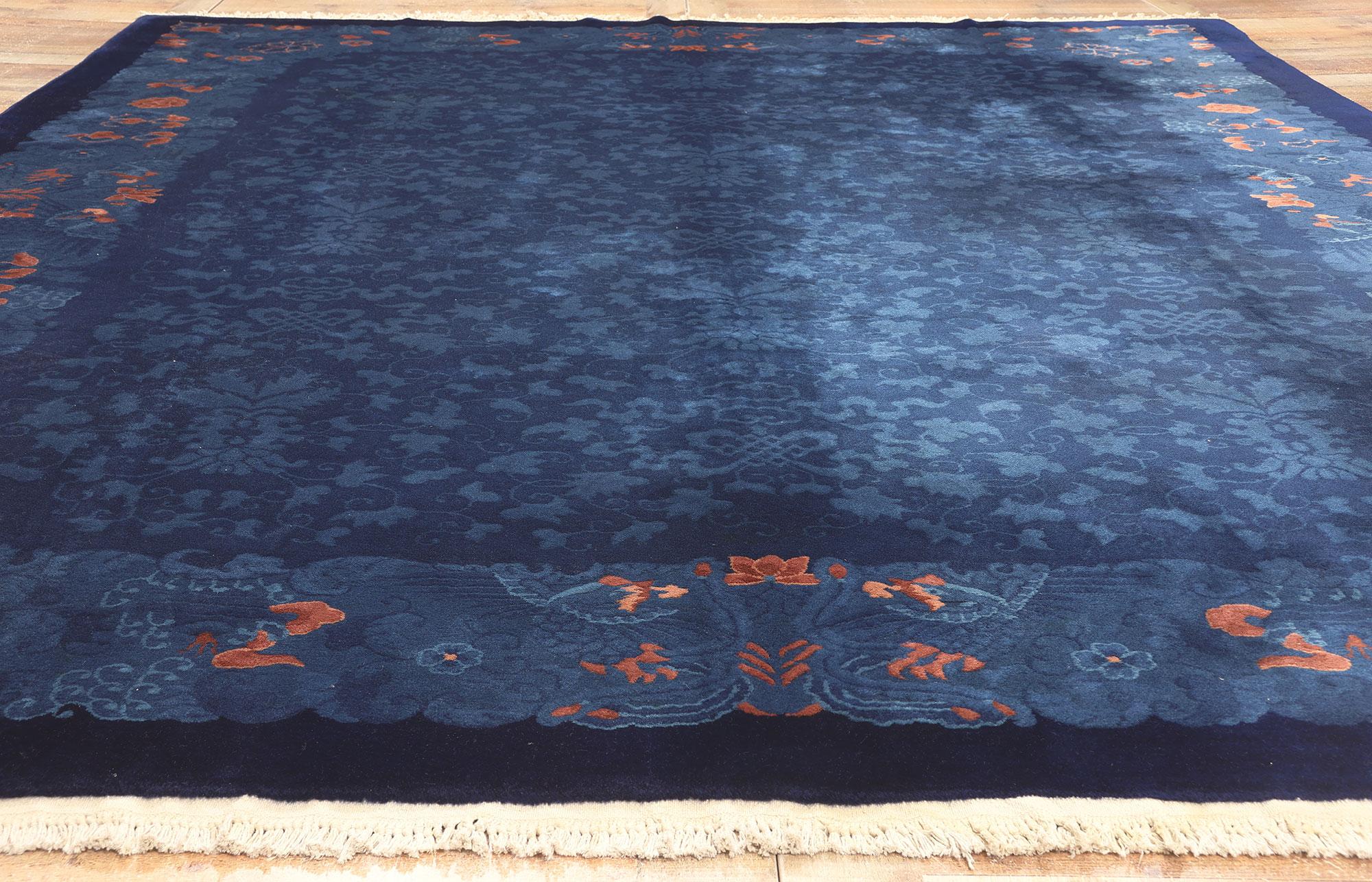 Wool Antique Blue Chinese Art Deco Rug, Maximalist Style Meets Qing Dynasty For Sale