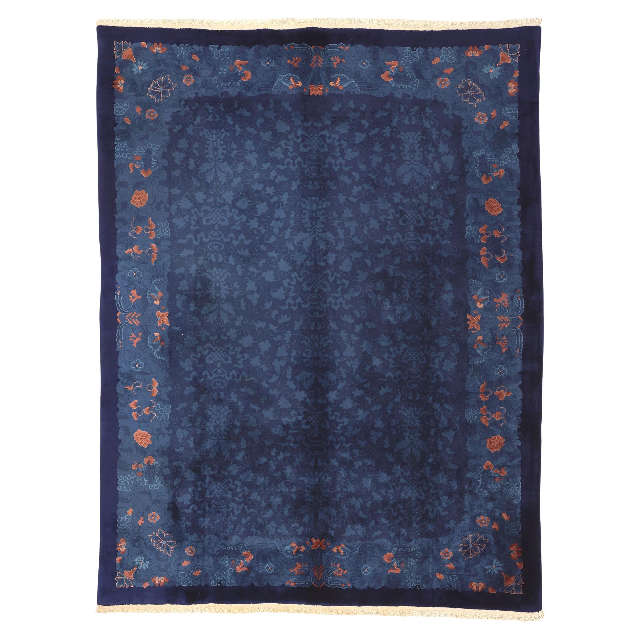 Ancien tapis chinois bleu de style dynastie Qing avec motif indigo, tapis chinois Qing