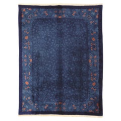 Vintage Blue Chinese Art Deco Rug, Maximalist Style Meets Qing Dynasty