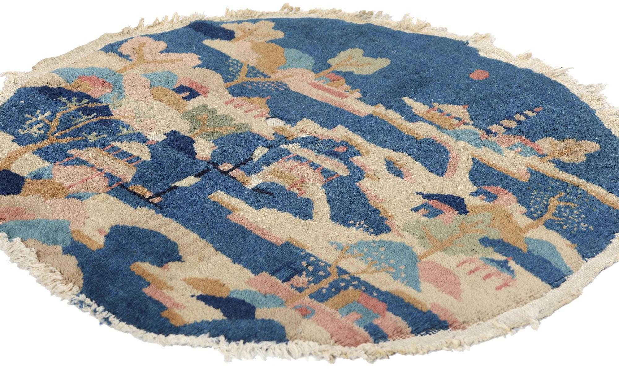 78900 Distressed Antique Round Chinese Art Deco Rug, 01'11 x 02'02. This hand-knotted wool distressed antique round Chinese Art Deco rug is a captivating blend of historical charm and artistic elegance. The composition features a stunning landscape