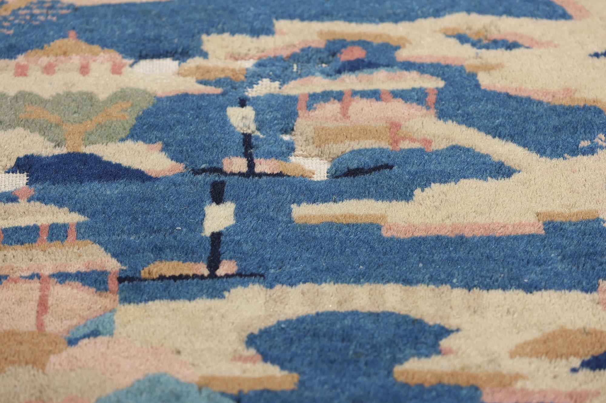 20th Century Antique Blue Chinese Art Deco Rug, Maximalist Style Meets Sensual Decadence For Sale