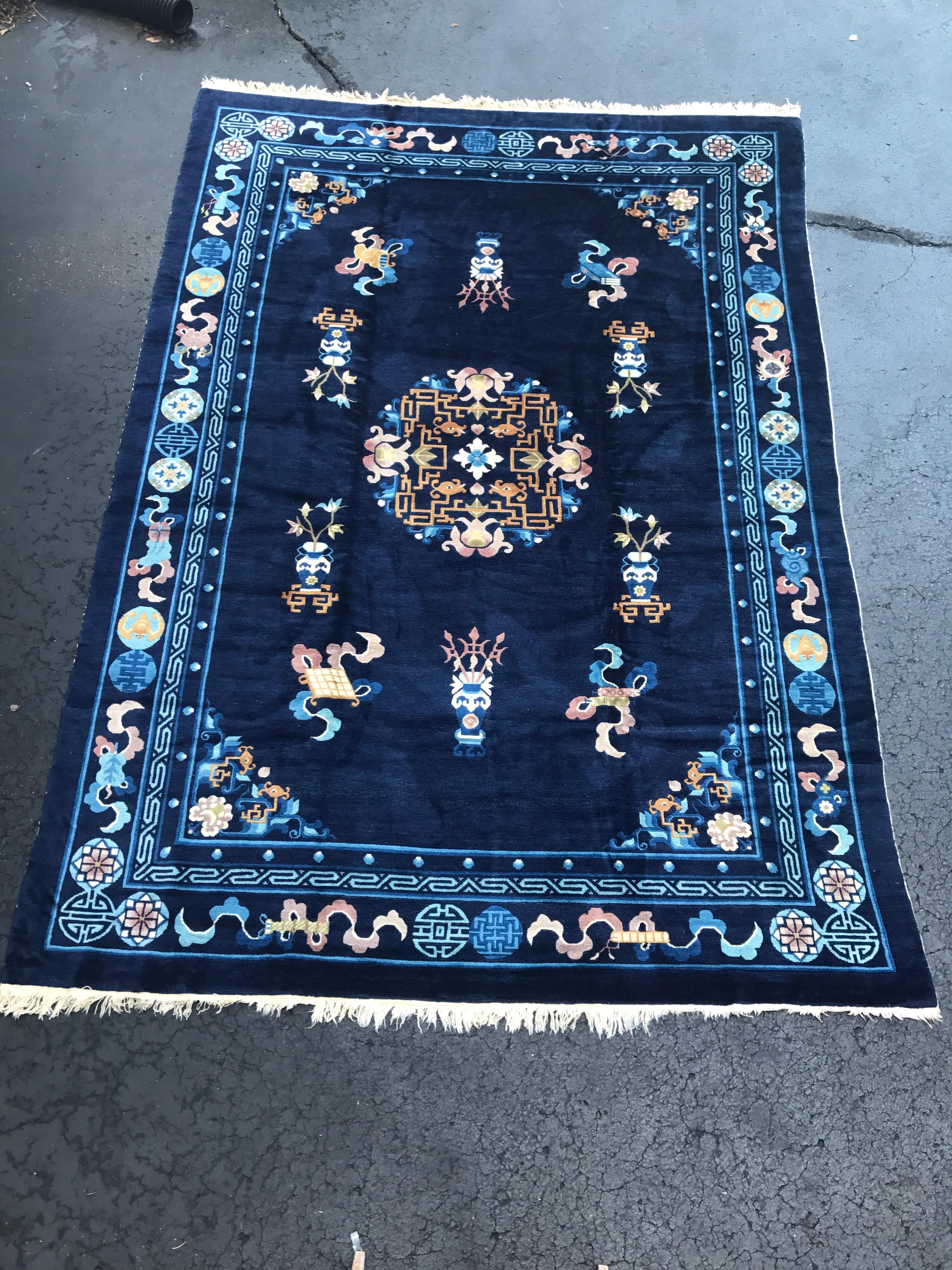 Art Deco Antique Blue Chinese Export Wool Rug
