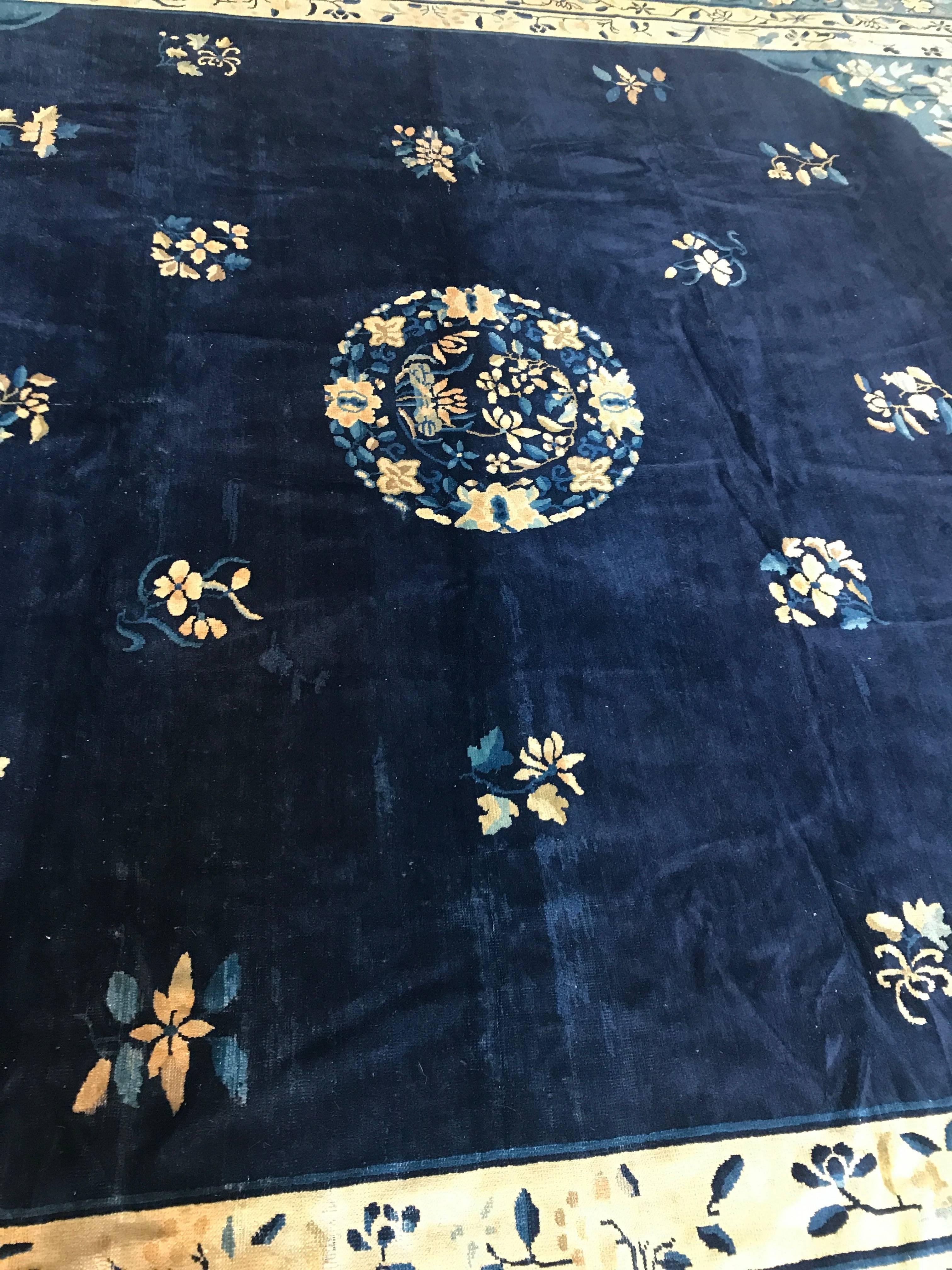 20th Century Antique Blue Chinese Peking Rug, 1920 For Sale