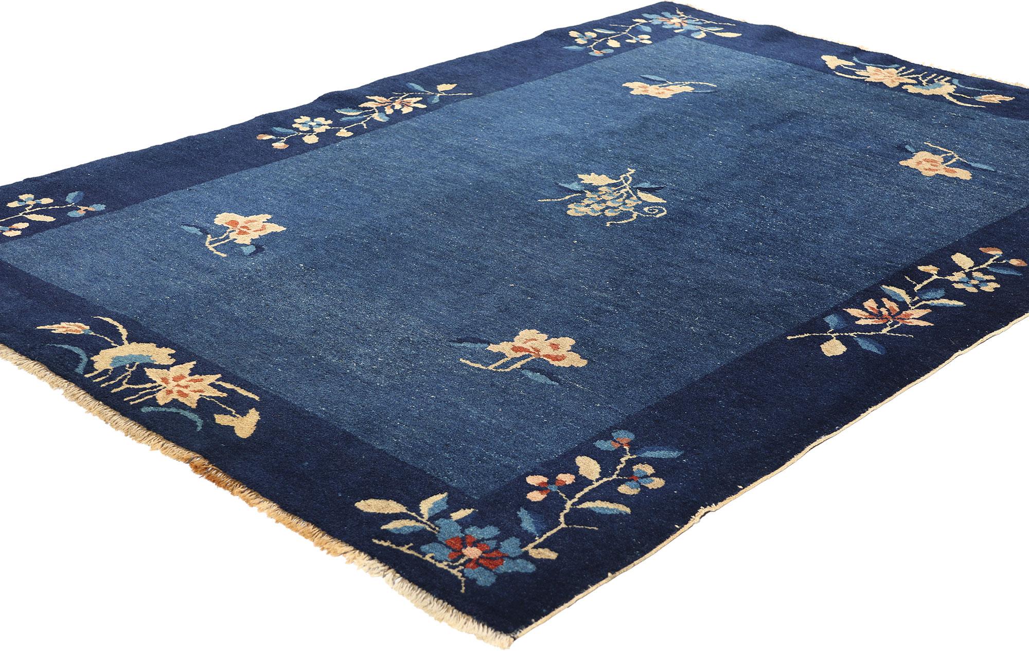 78762 Antique Blue Chinese Peking Rug, 04'00 x 05'09. Chinese Peking rugs, originating from Beijing (formerly known as Peking), China, are renowned for their intricate designs, vibrant colors, and thick wool pile. Crafted using traditional weaving