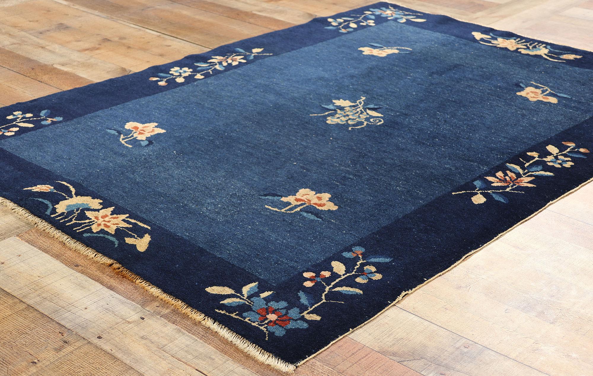 Wool Antique Blue Chinese Peking Rug, Chinoiserie Chic Meets Regal Decadence For Sale