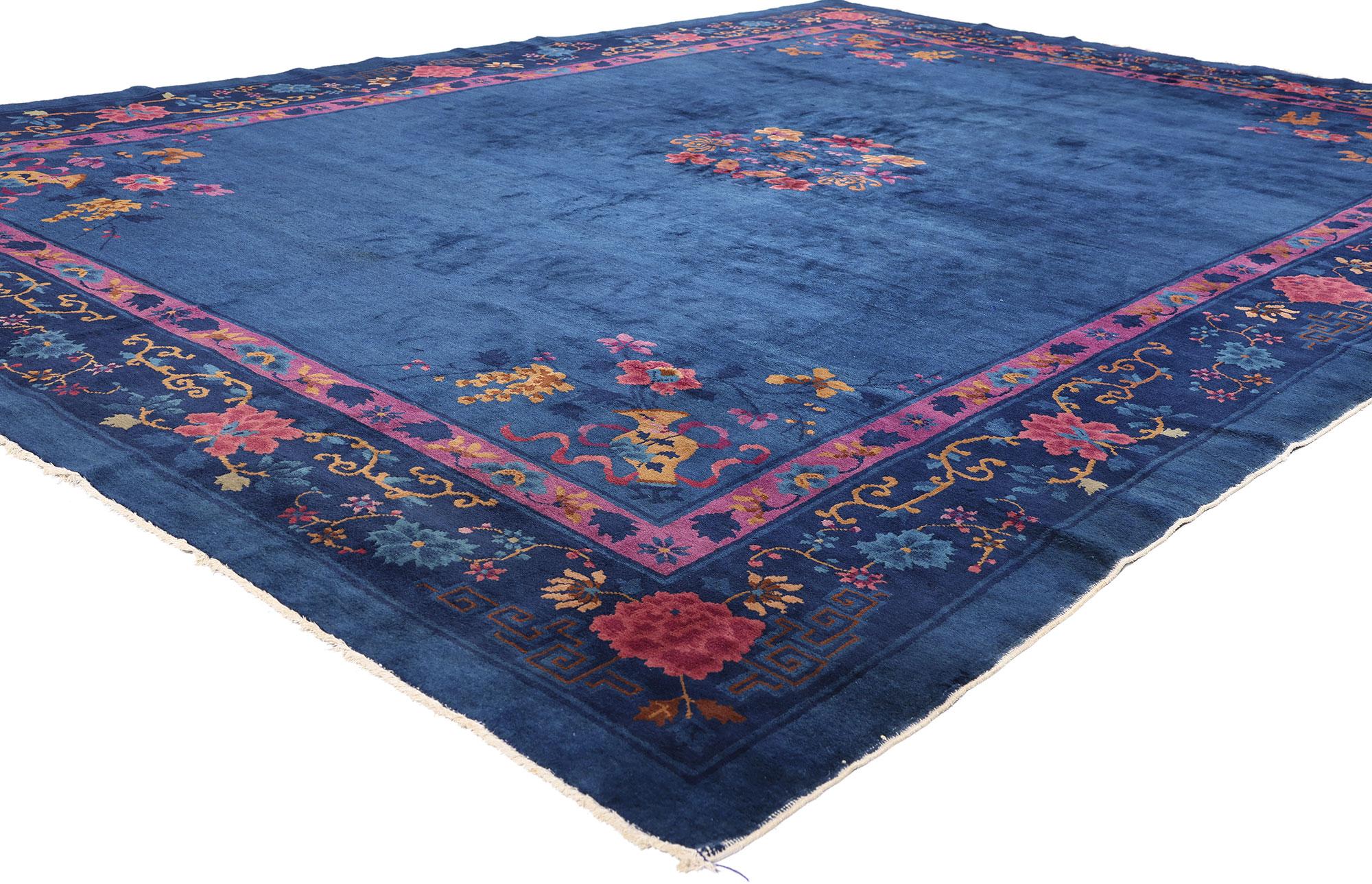79217 Antique Blue Chinese Peking Rug, 08'11 x 12'00. A masterpiece of serene elegance and timeless heritage, this hand-knotted wool antique Chinese Peking rug unveils a vision of archival sophistication and luxury artistry. Its composition is