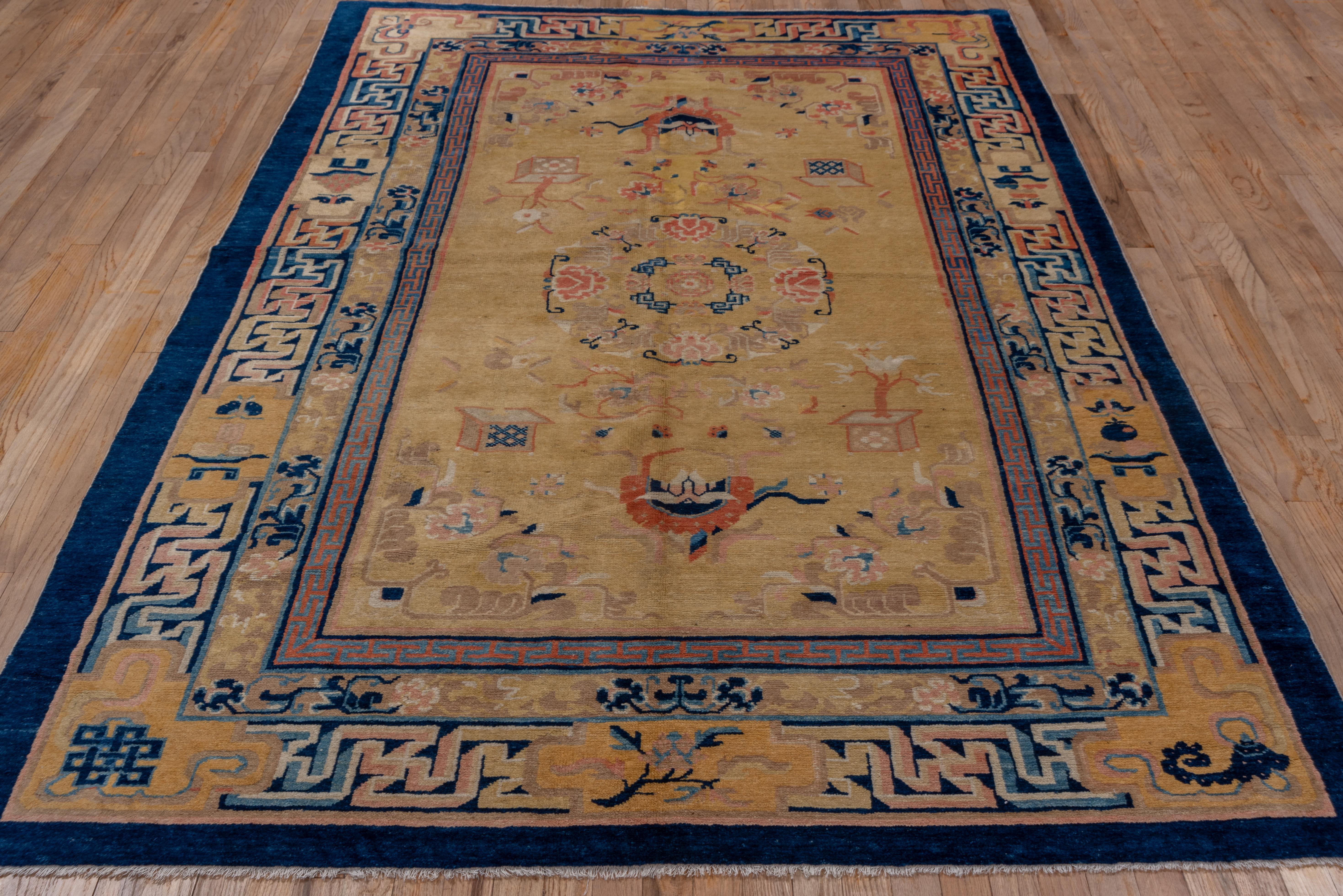 Antique Blue Chinese Peking Rug, Yellow Field, Blue and Orange Border and Tones In Good Condition For Sale In New York, NY
