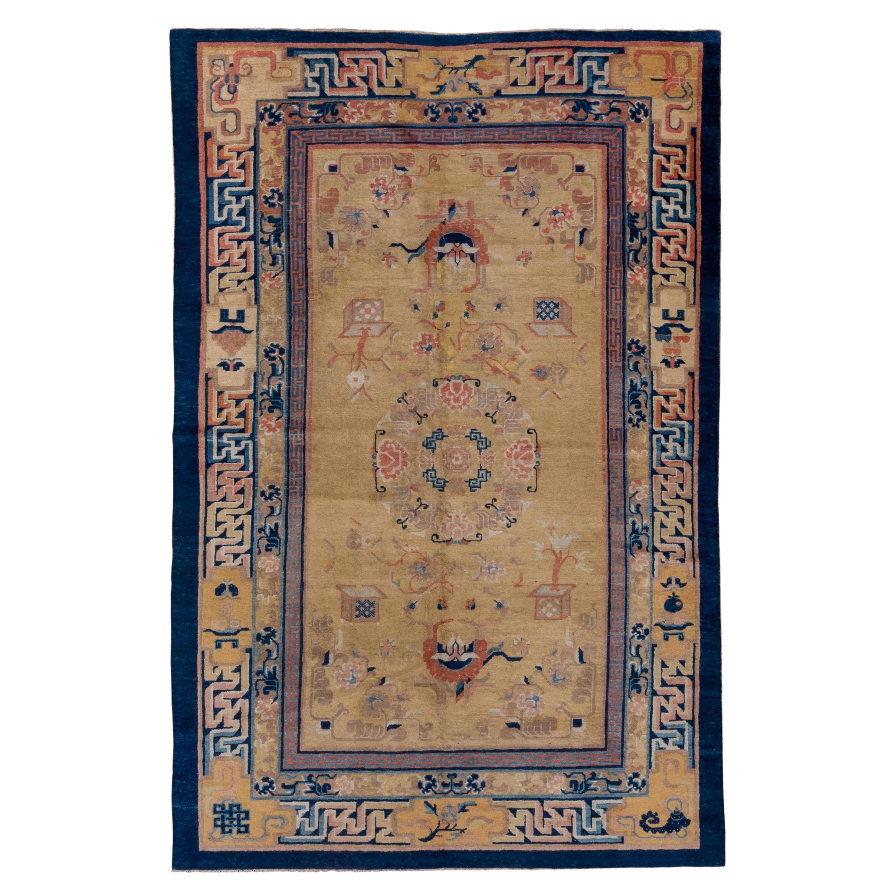 Antique Blue Chinese Peking Rug, Yellow Field, Blue and Orange Border and Tones For Sale