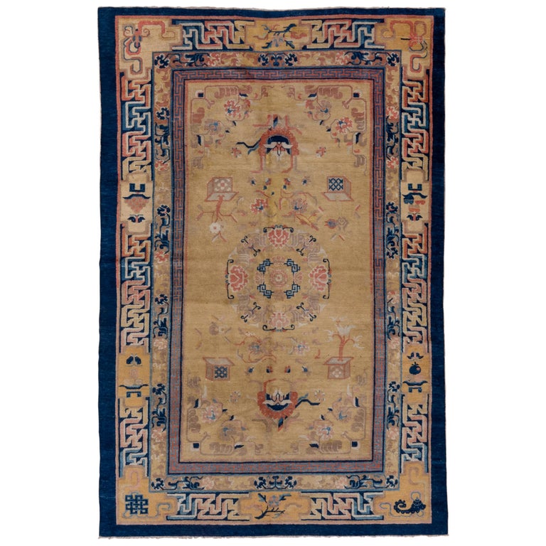 Antique Blue Chinese Peking Rug, Yellow Field, Blue and Orange Border and Tones For Sale