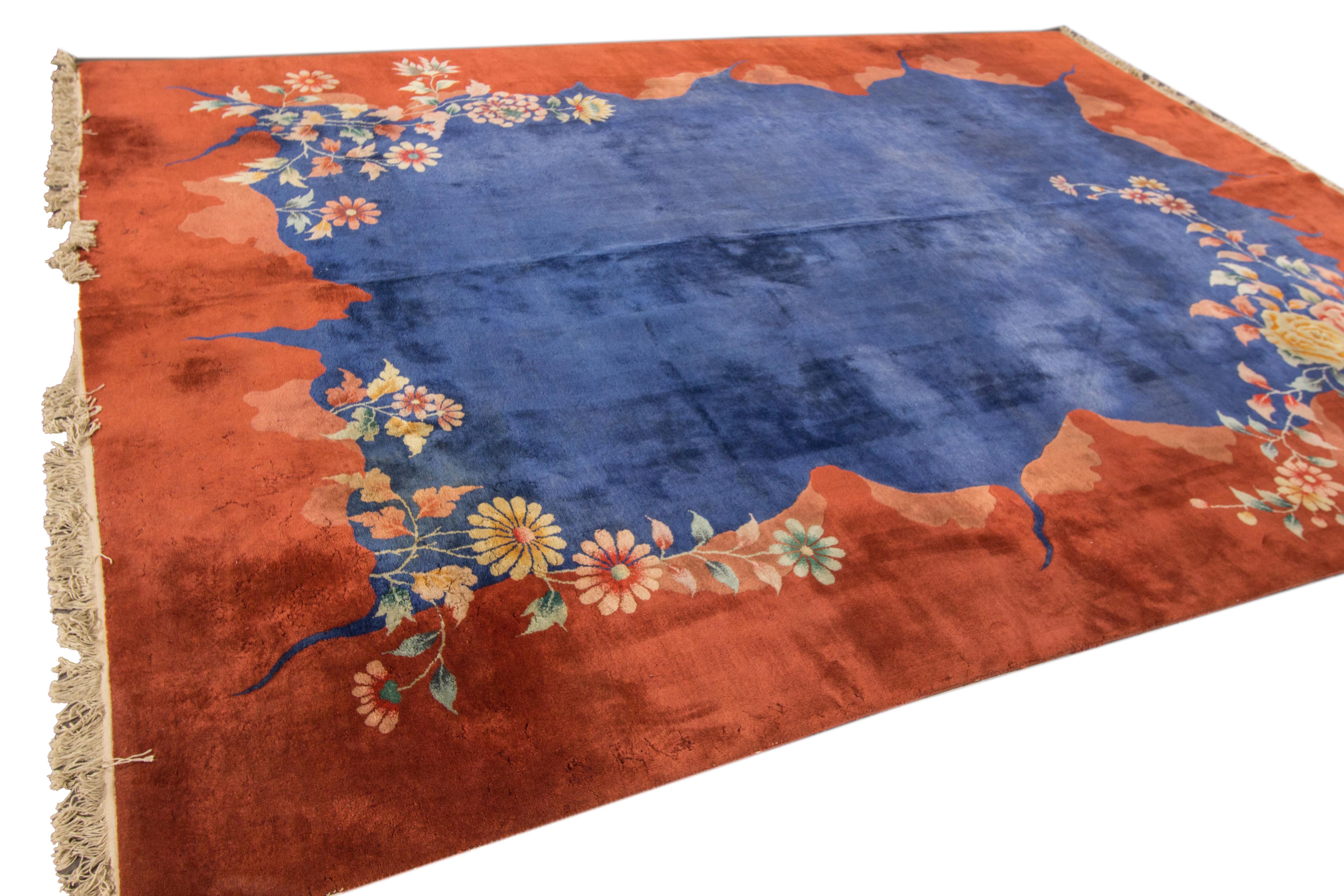 Chinese Export Antique Blue Chinese Peking Wool Rug For Sale