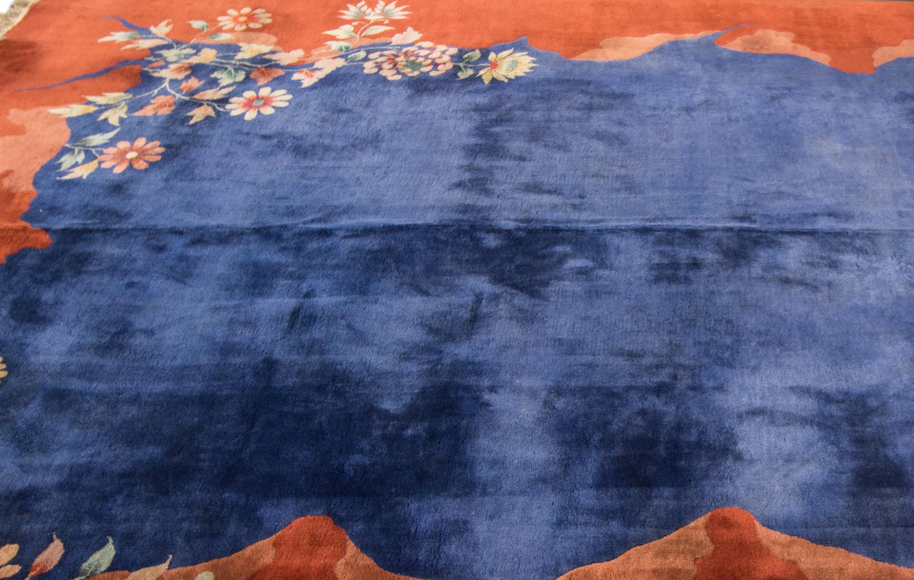 Hand-Knotted Antique Blue Chinese Peking Wool Rug For Sale