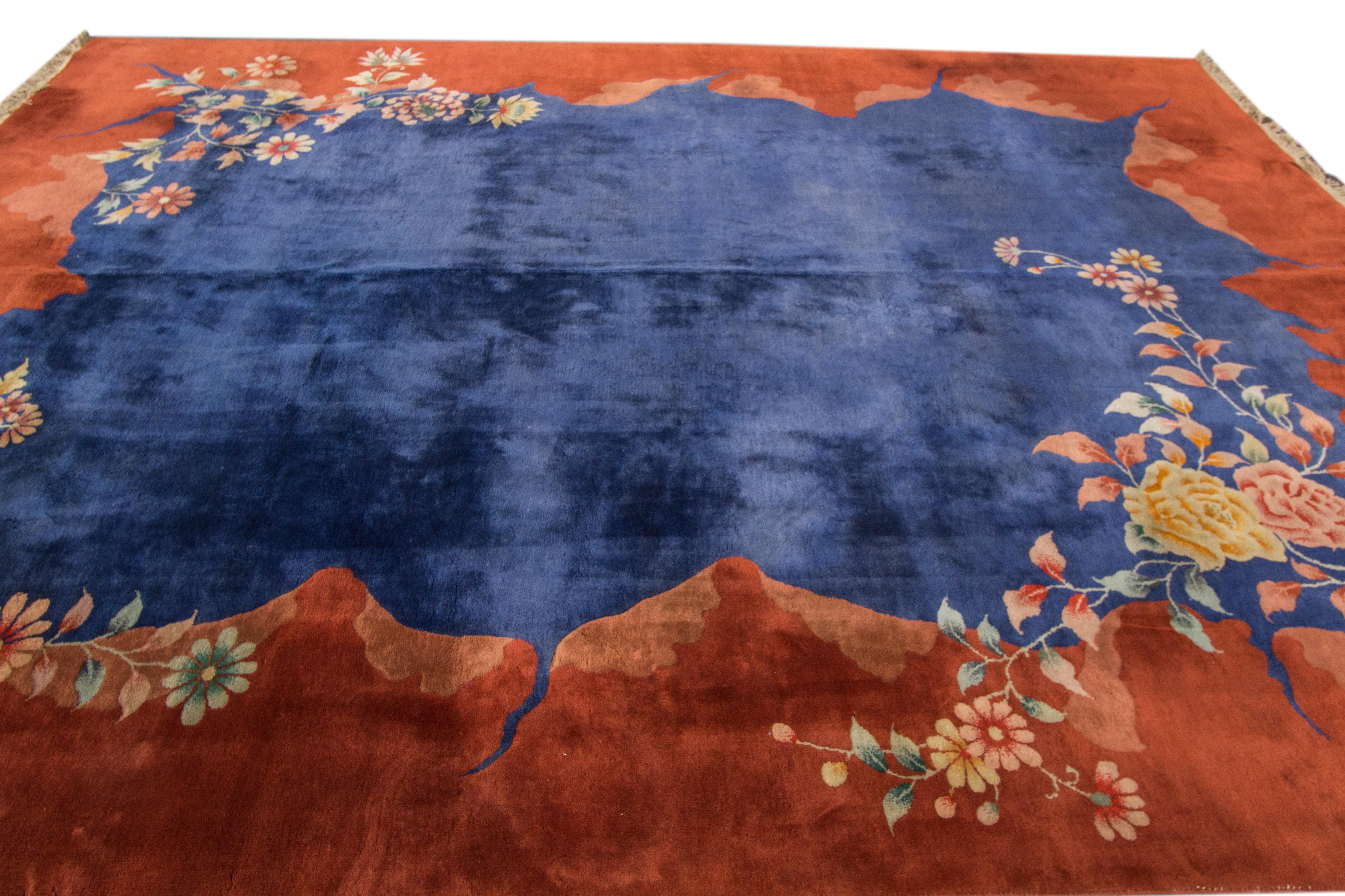 20th Century Antique Blue Chinese Peking Wool Rug For Sale