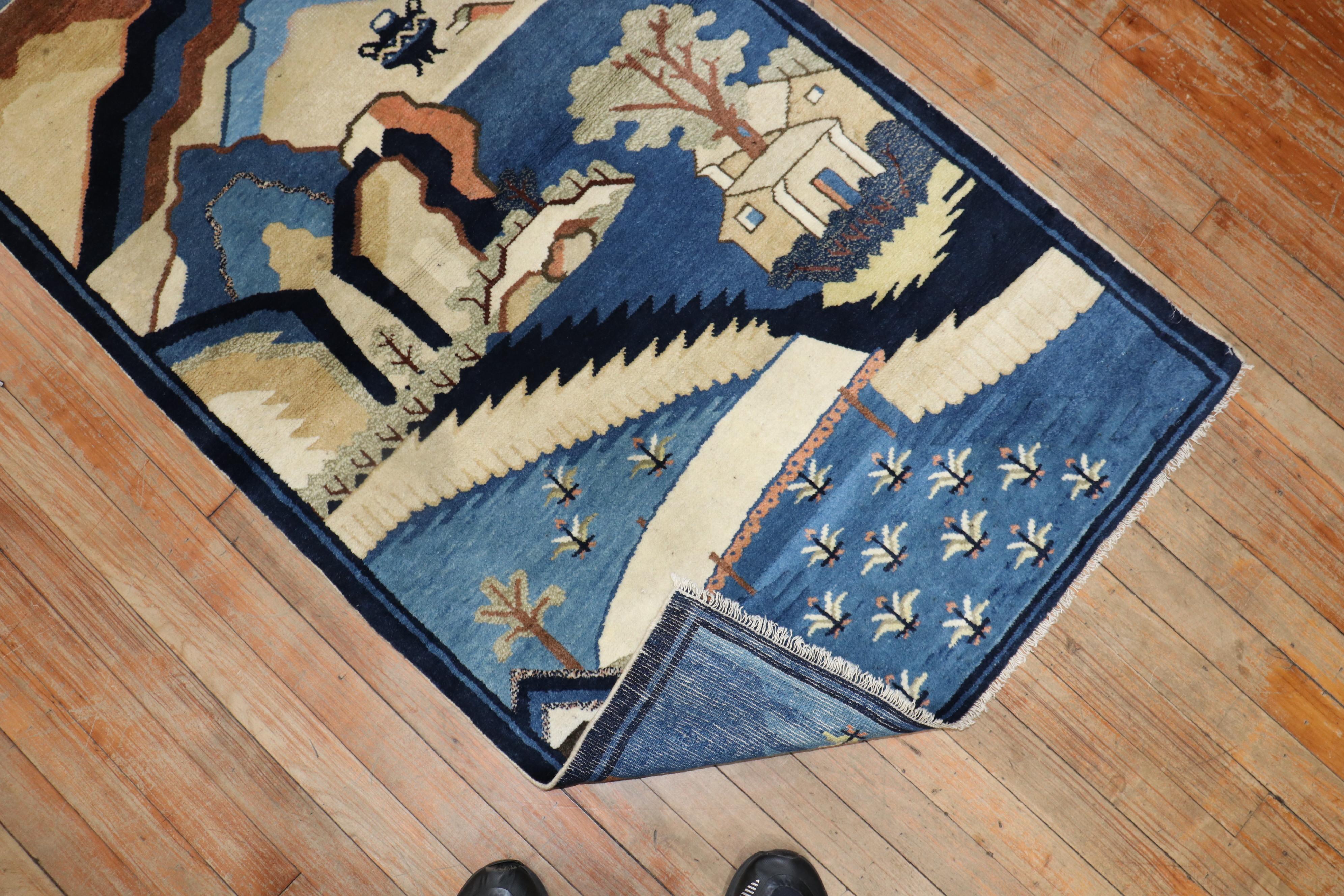 Folk Art Antique Blue Chinese Pictorial Throw Rug For Sale