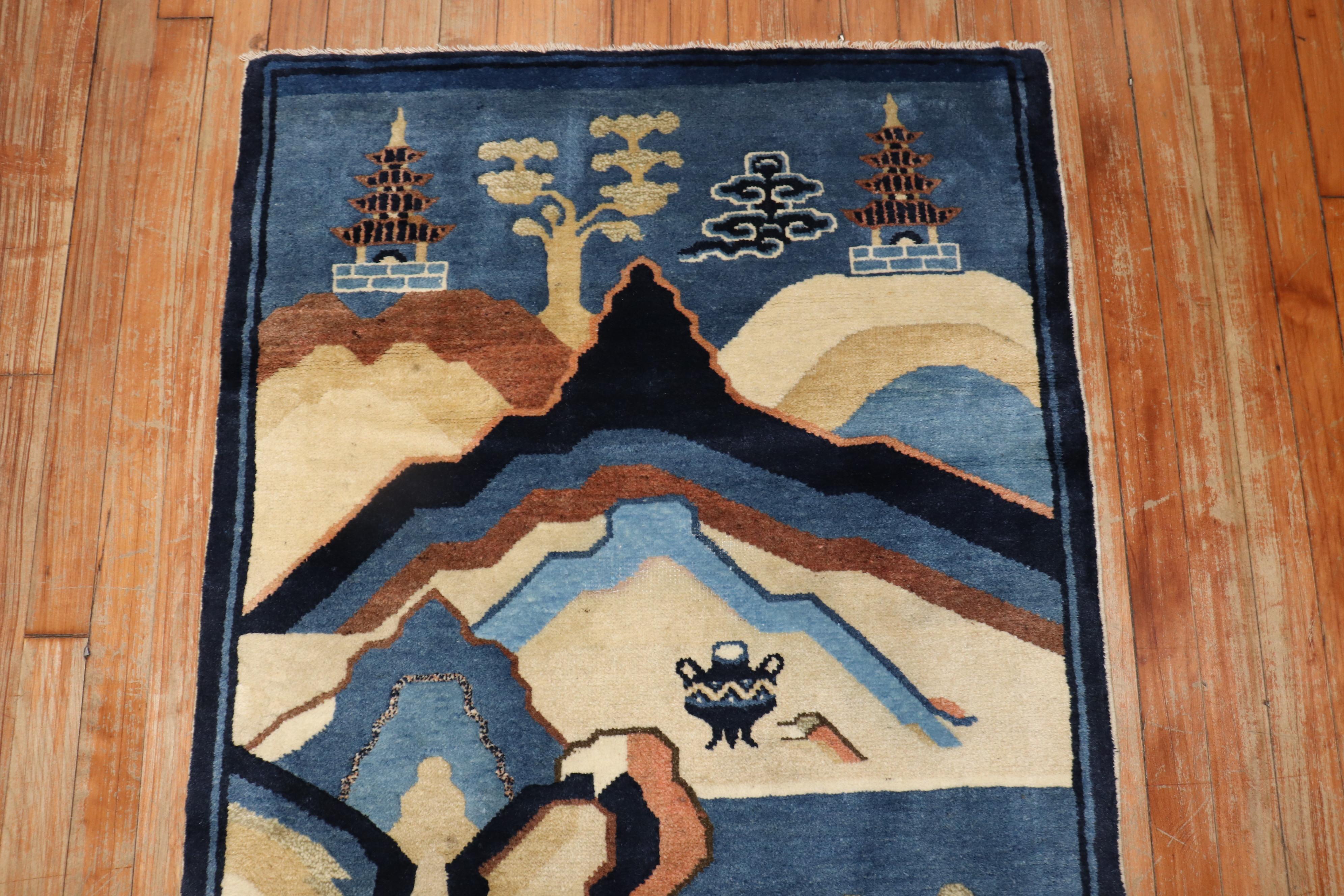 Hand-Woven Antique Blue Chinese Pictorial Throw Rug For Sale