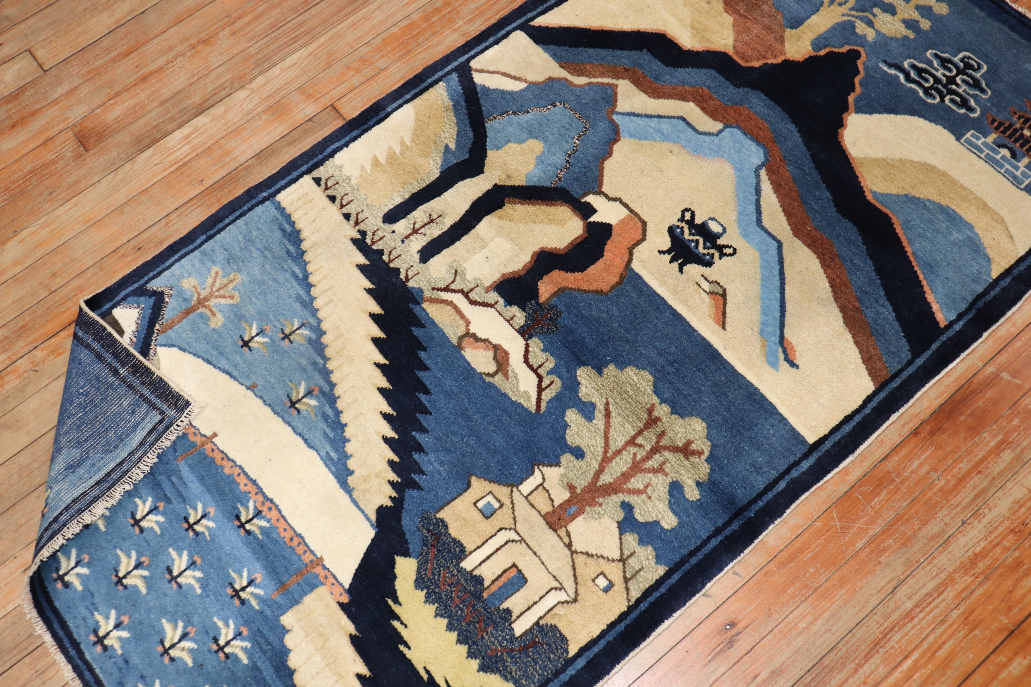 Antique Blue Chinese Pictorial Throw Rug In Good Condition For Sale In New York, NY