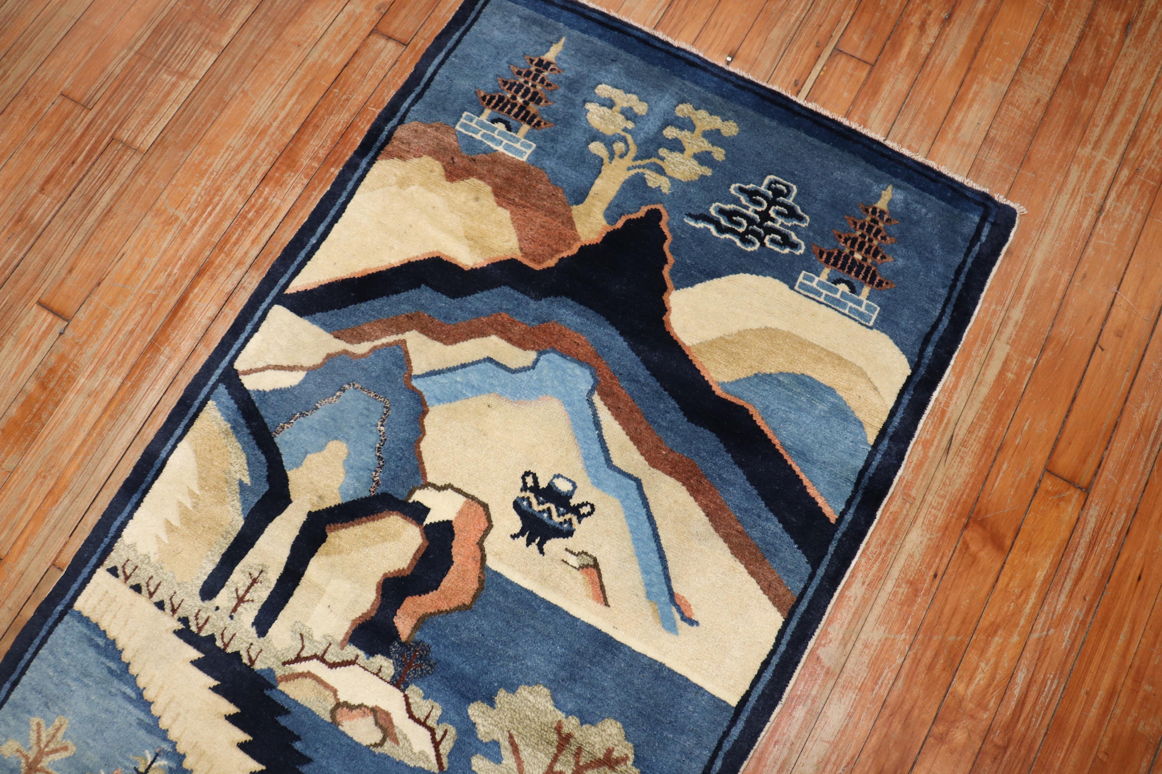 20th Century Antique Blue Chinese Pictorial Throw Rug For Sale
