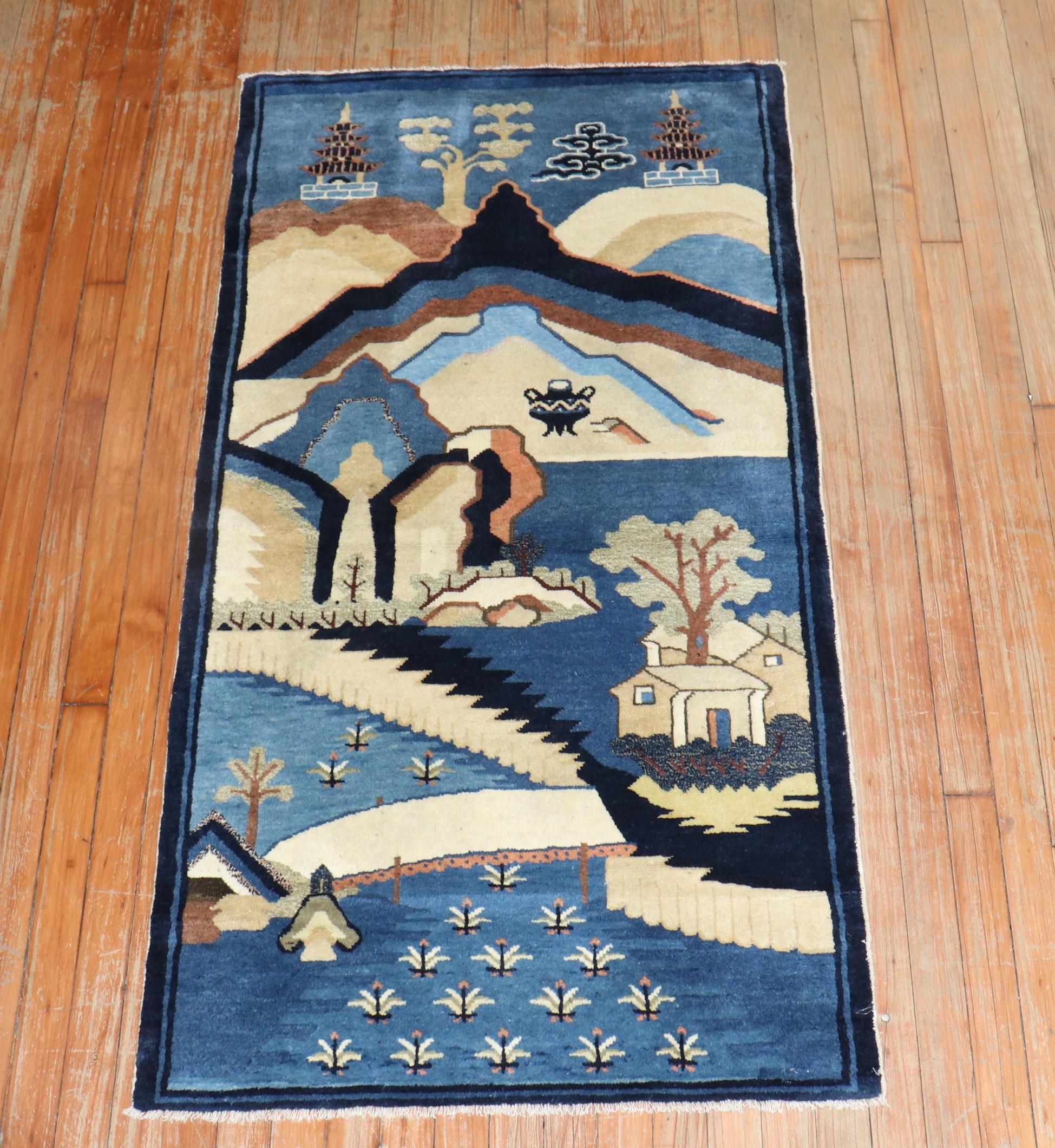Wool Antique Blue Chinese Pictorial Throw Rug For Sale