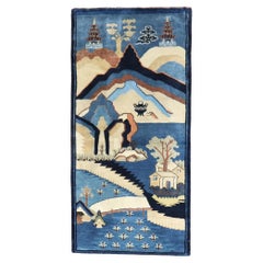 Antique Blue Chinese Pictorial Throw Rug