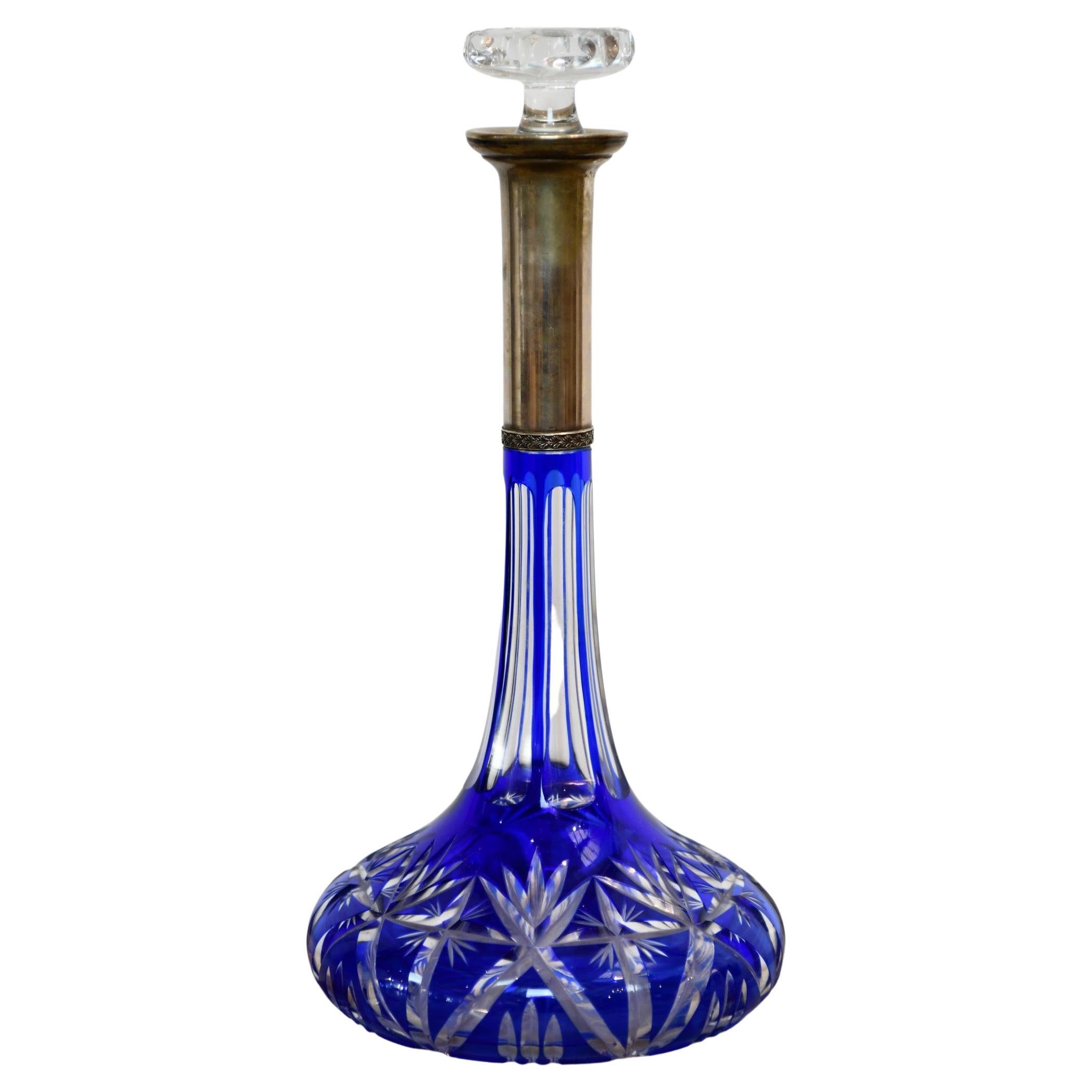 Antique Blue Cut to Clear Decanter For Sale