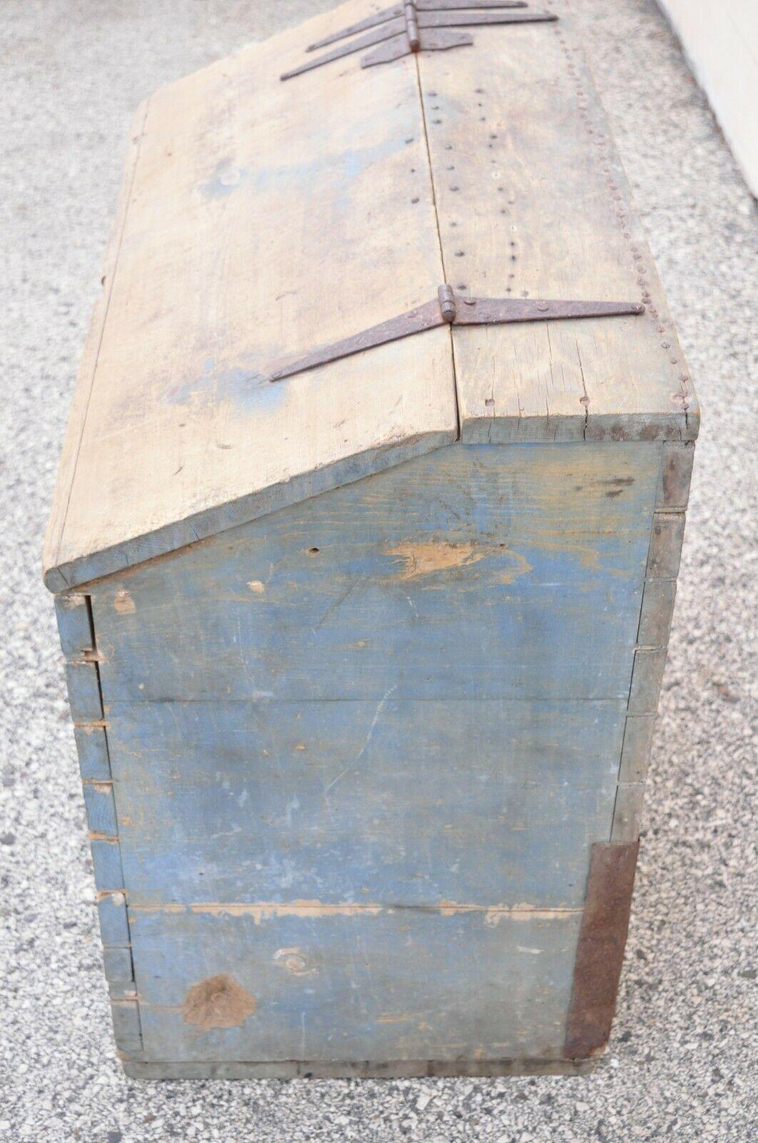 Antique Blue Distress Painted Primitive Grain Bin Blanket Chest Trunk 6