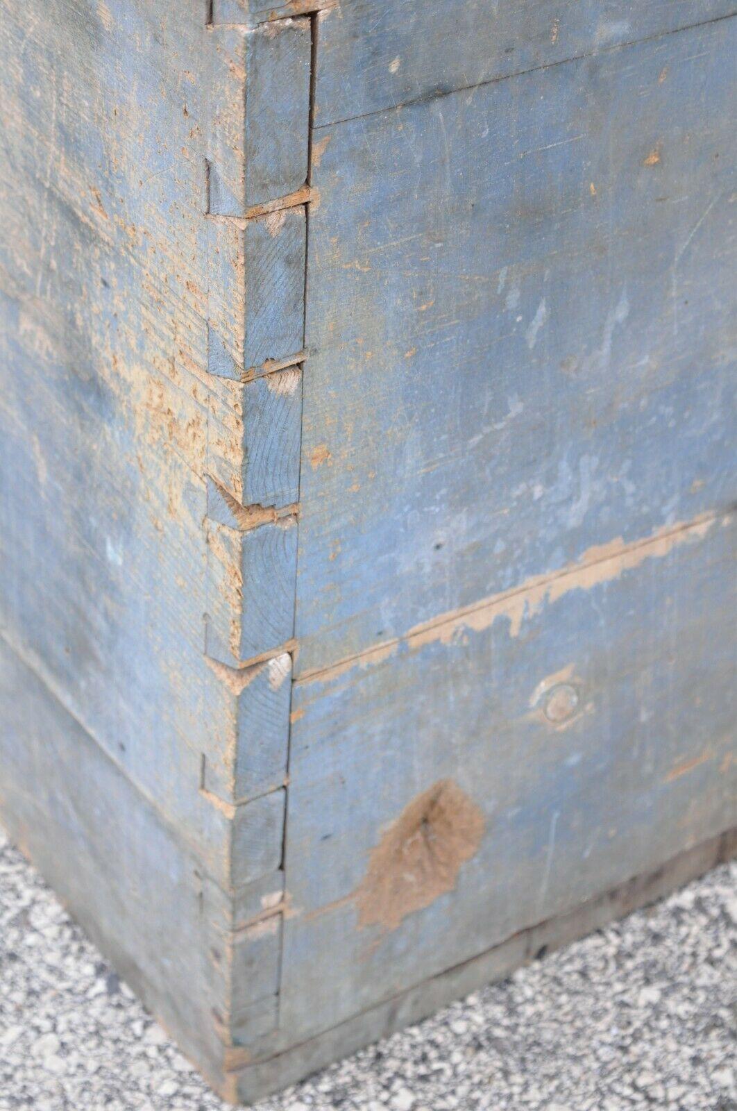 Antique Blue Distress Painted Primitive Grain Bin Blanket Chest Trunk In Distressed Condition In Philadelphia, PA