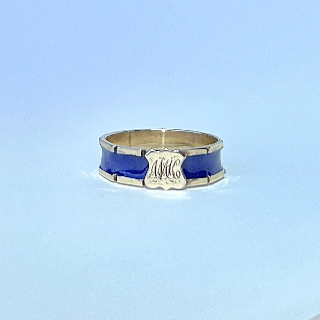 Women's or Men's Antique Blue Enamel and 9 Gold Band Ring For Sale