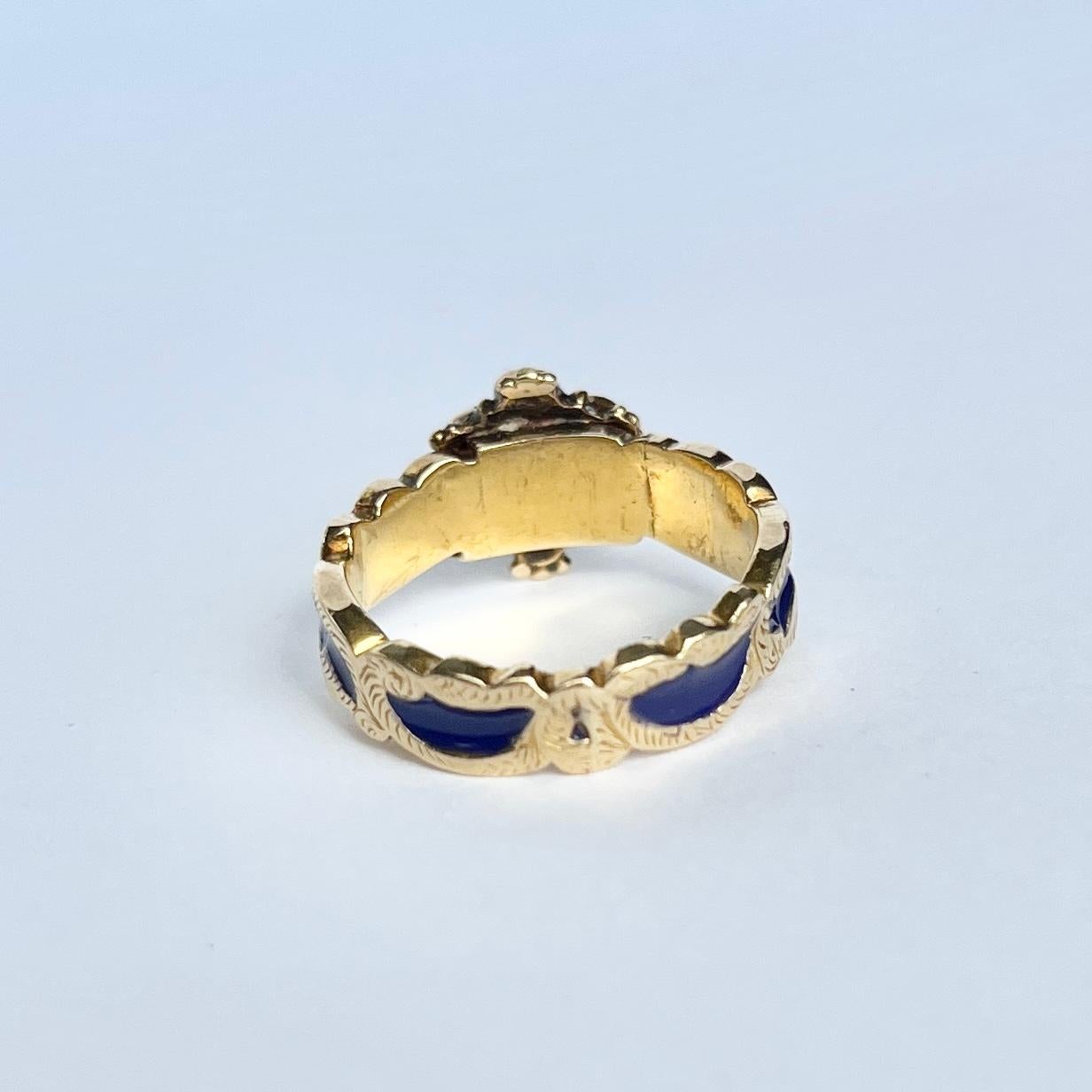 Early Victorian Antique Blue Enamel and 9 Gold 'REGARD' Band Ring For Sale
