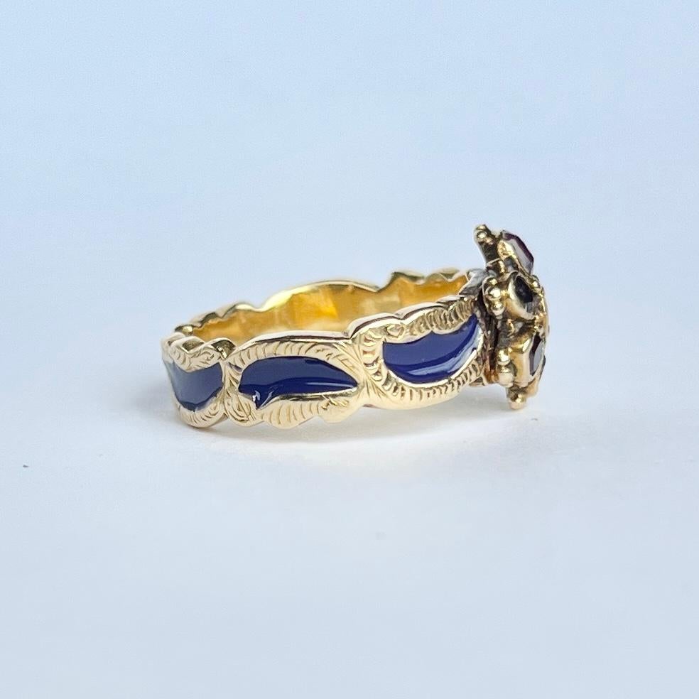 Uncut Antique Blue Enamel and 9 Gold 'REGARD' Band Ring For Sale