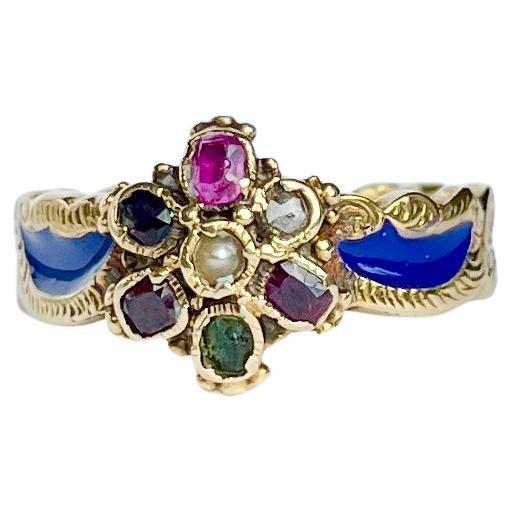 Antique Blue Enamel and 9 Gold 'REGARD' Band Ring