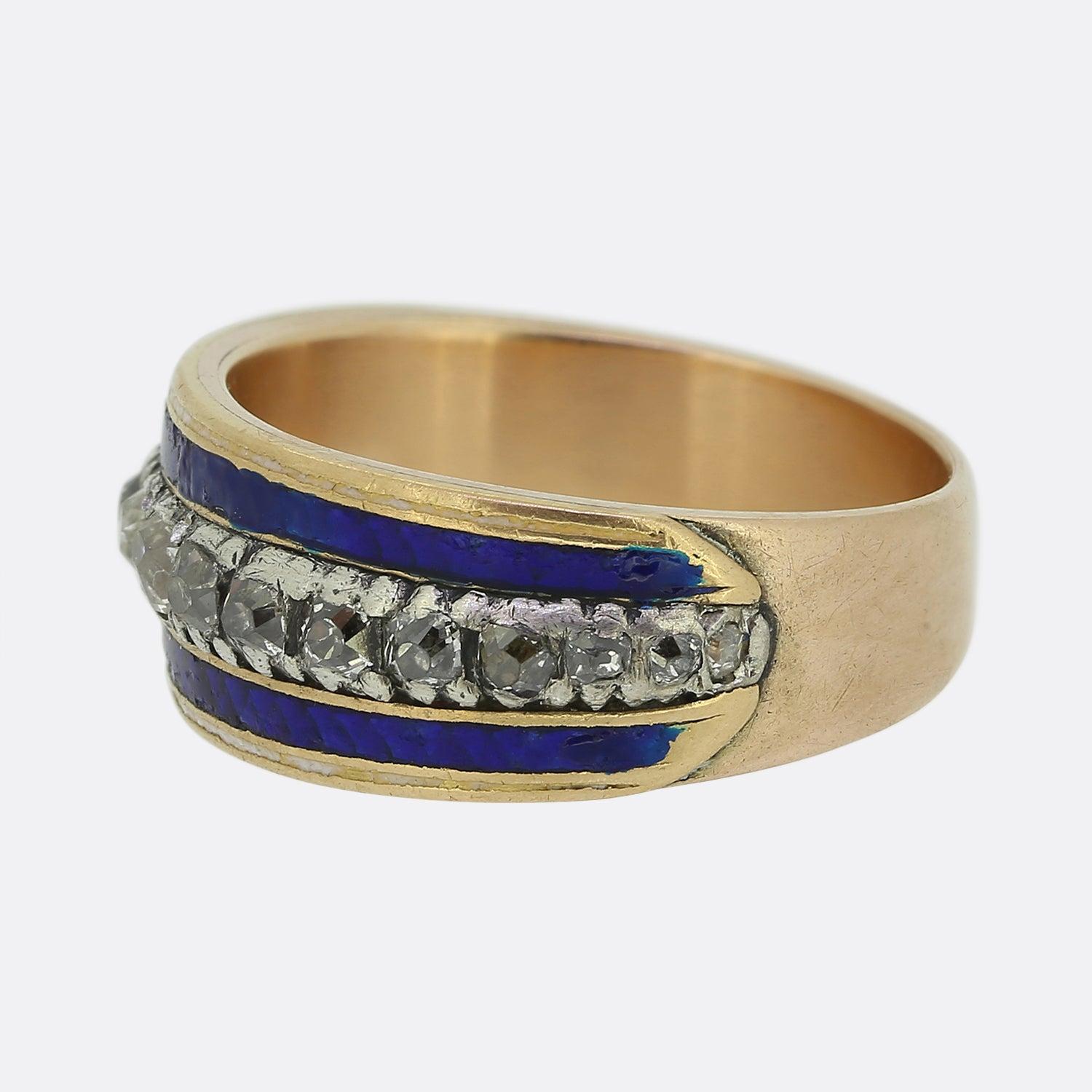 Here we have a charming antique enamel and diamond band ring. The piece has been crafted from 15ct rose gold and showcases a single line formation of graduating chunky table and old cut diamonds. Each stone here has been individually claw set in