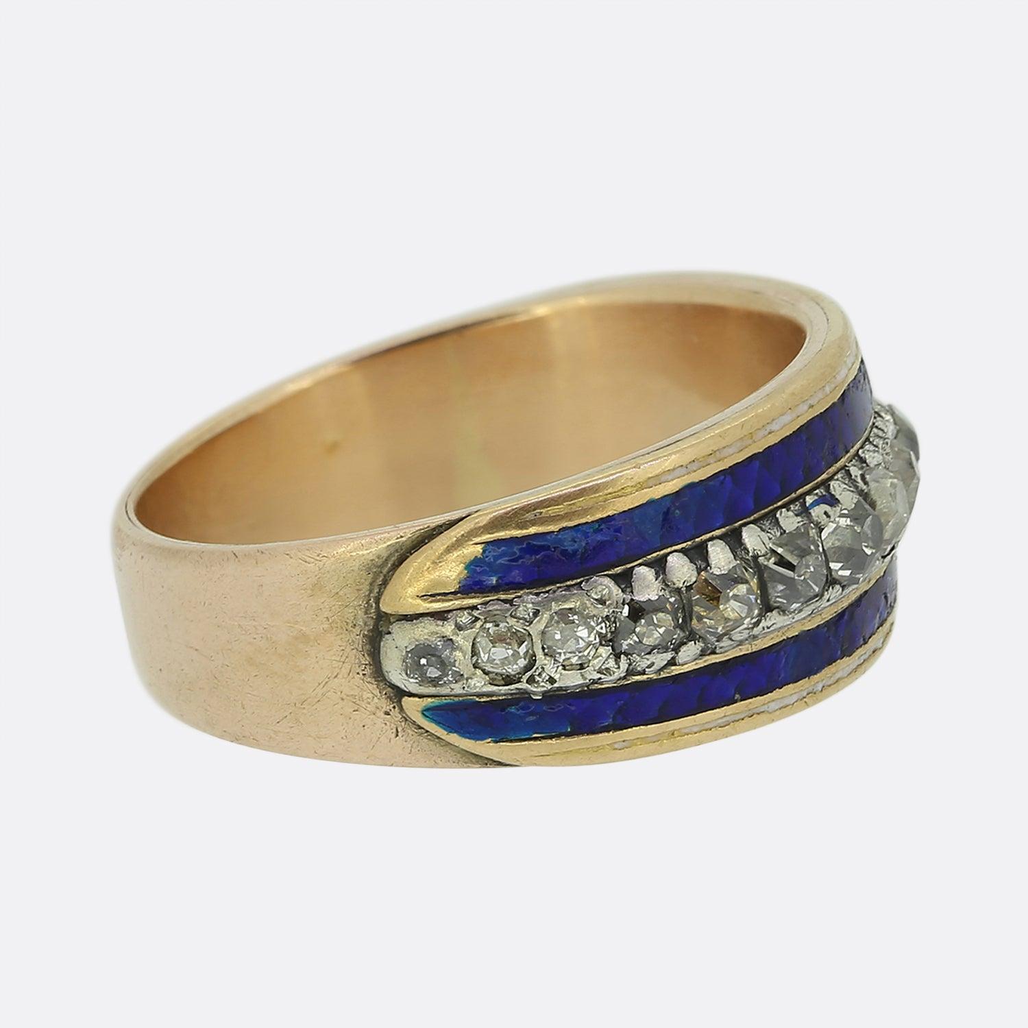 Old Mine Cut Antique Blue Enamel and Diamond Band Ring For Sale