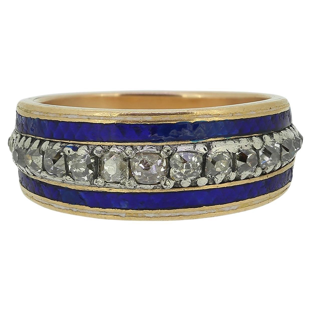 Antique Blue Enamel and Diamond Band Ring For Sale