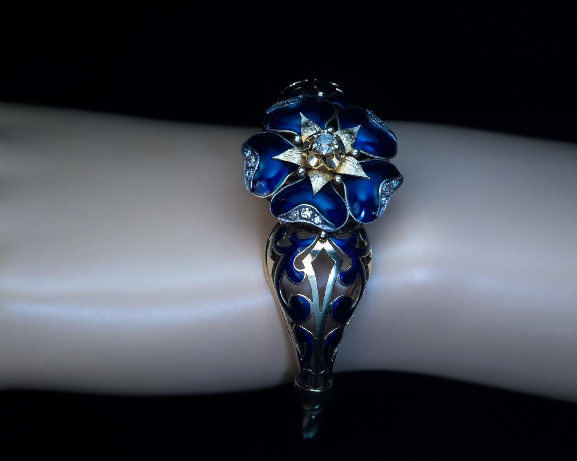 Victorian Antique Blue Enamel Diamond Gold Bangle Bracelet For Sale