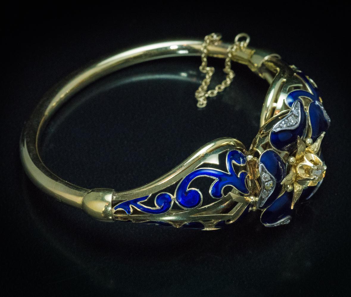 Old Mine Cut Antique Blue Enamel Diamond Gold Bangle Bracelet For Sale