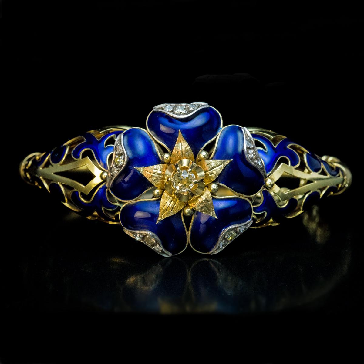 Women's Antique Blue Enamel Diamond Gold Bangle Bracelet For Sale