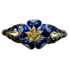 Antique Blue Enamel Diamond Gold Bangle Bracelet