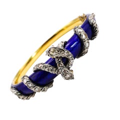 Antique Blue Enamel, Diamond, Ruby and Gold Snake Bangle, Circa 1850