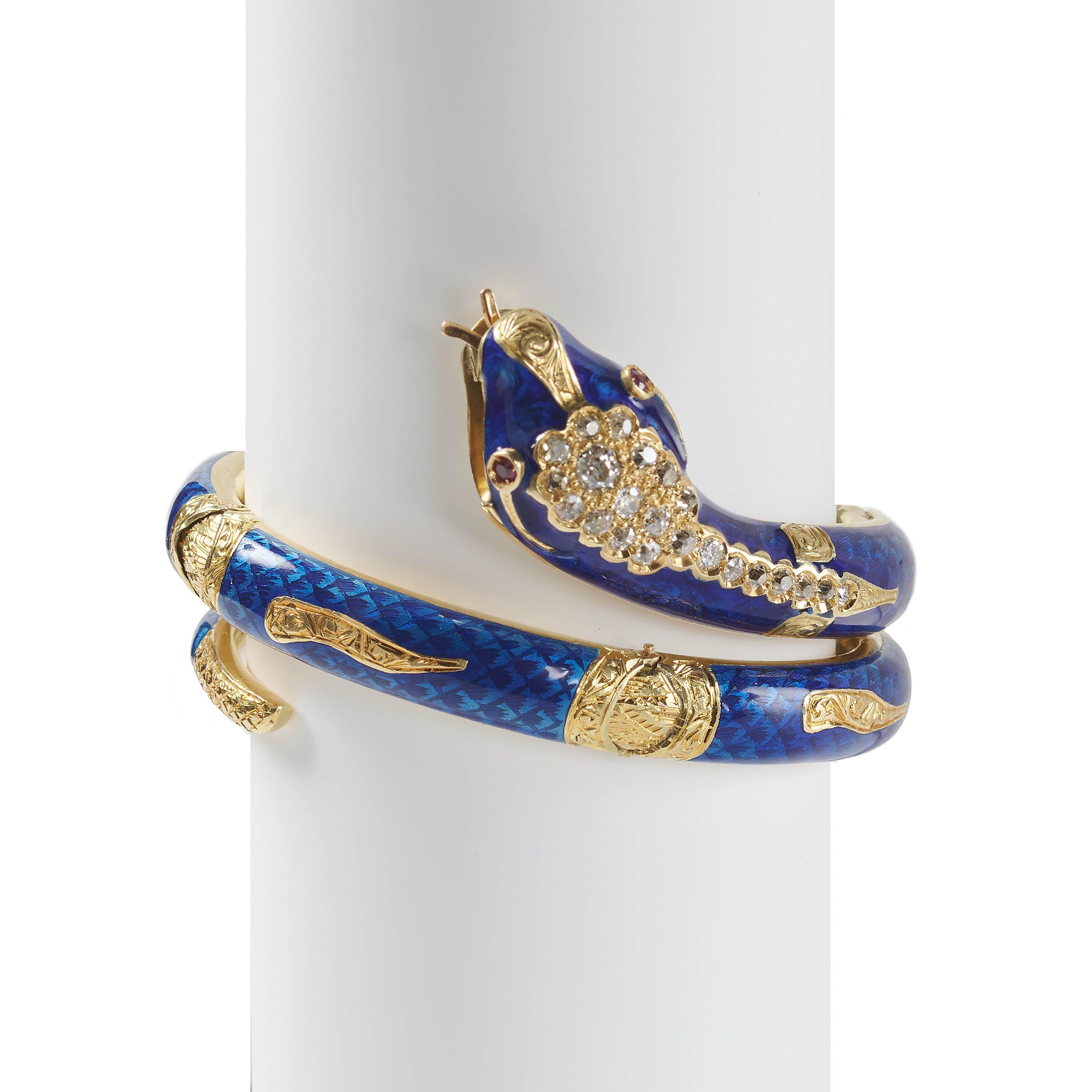 Old Mine Cut Antique Blue Enamel, Diamond, Ruby and Gold Snake Bangle, Circa 1860 For Sale