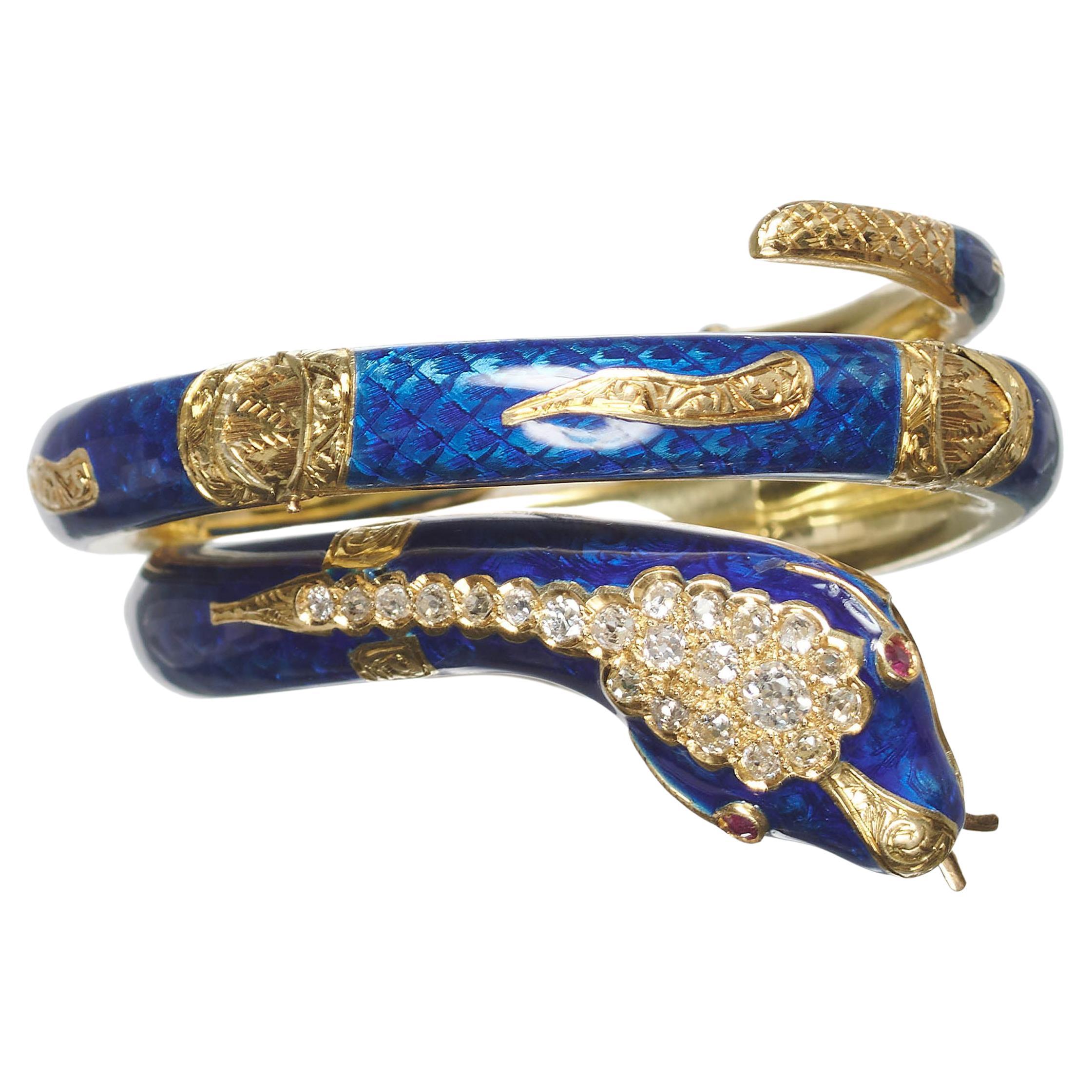 Antique Blue Enamel, Diamond, Ruby and Gold Snake Bangle, Circa 1860 For Sale