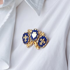 Antique Blue Enamel Fleur de Lys Brooch 18K Gold Triple Cartouche Design 19th c.
