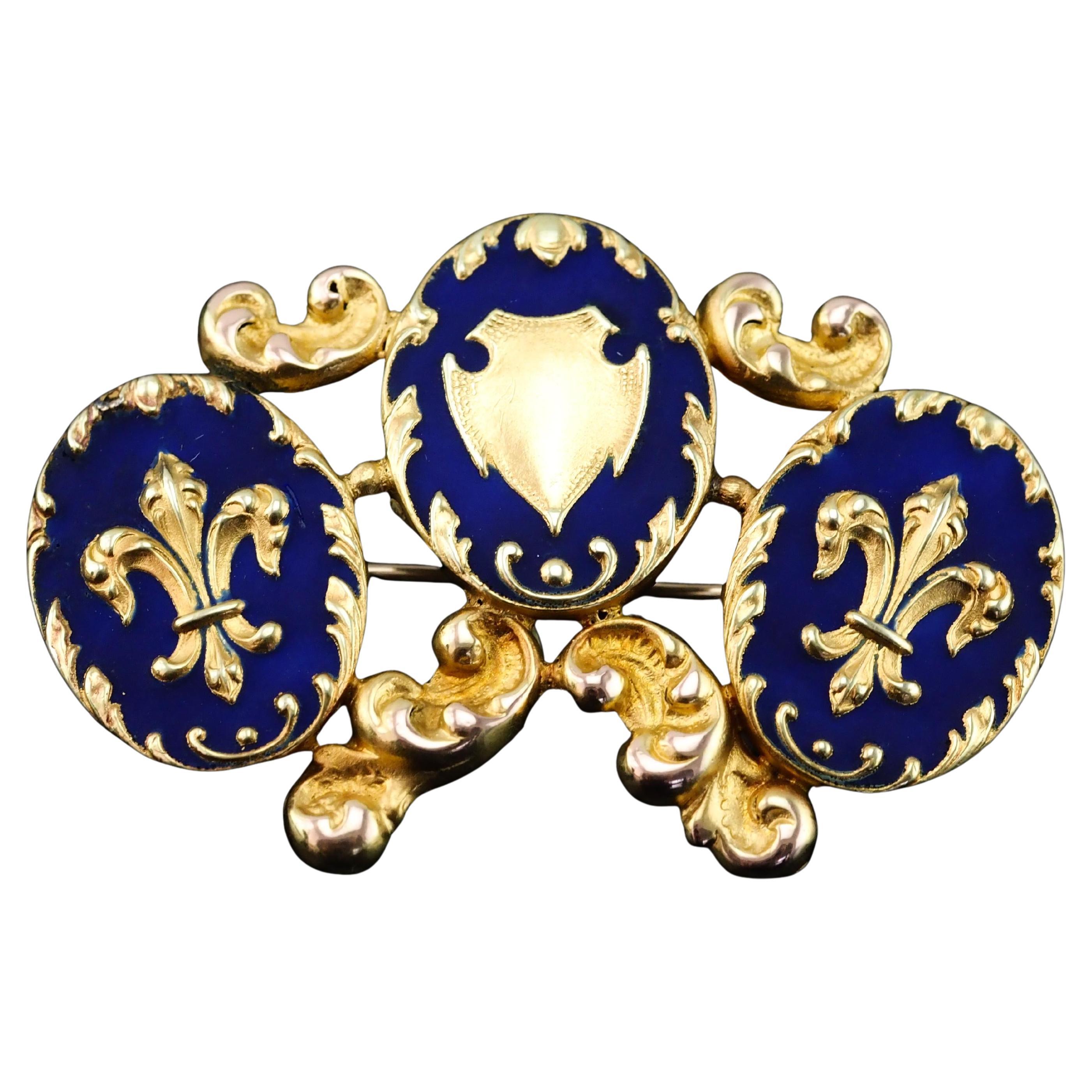 Antique Blue Enamel Fleur de Lys Brooch 18K Gold Triple Cartouche Design 19th c.